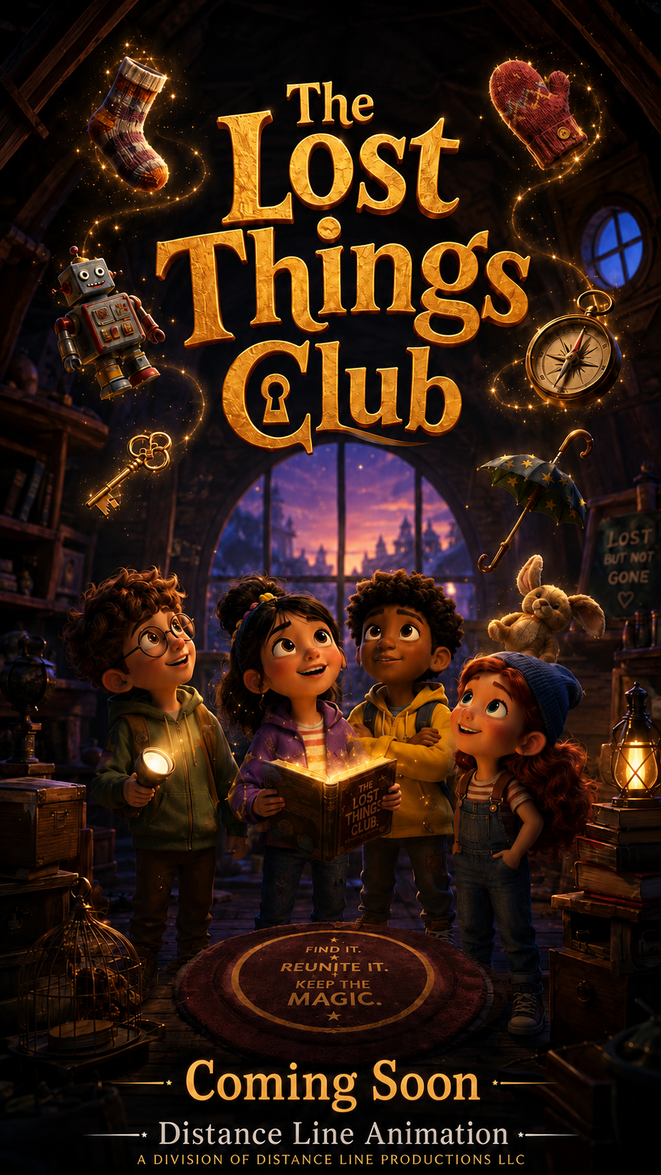 Poster for the animated show 'The Lost Things Club,' featuring four children in a cozy attic filled with books, toys, and magical items. The children look up with wonder at floating socks, a robot, a key, a compass, an umbrella, and a bunny. The text says 'Find it. Reunite it. Keep the magic' and 'Coming Soon.'