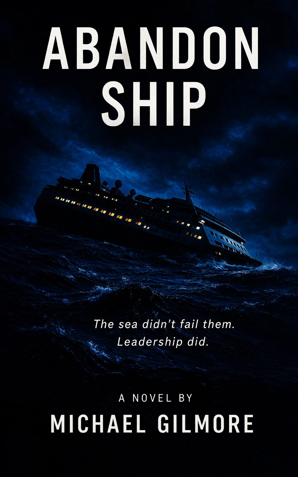 Book cover titled 'Abandon Ship' featuring a sinking ship in stormy seas at night and the tagline 'The sea didn't fail them. Leadership did.' by Michael Gilmore.