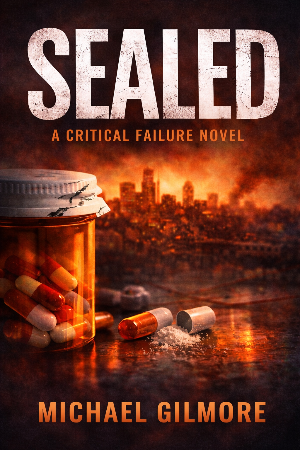 Book cover of 'Sealed: A Critical Failure Novel' by Michael Gilmore, featuring an overturned pill bottle with scattered pills and a city skyline in the background, set against a fiery sky.