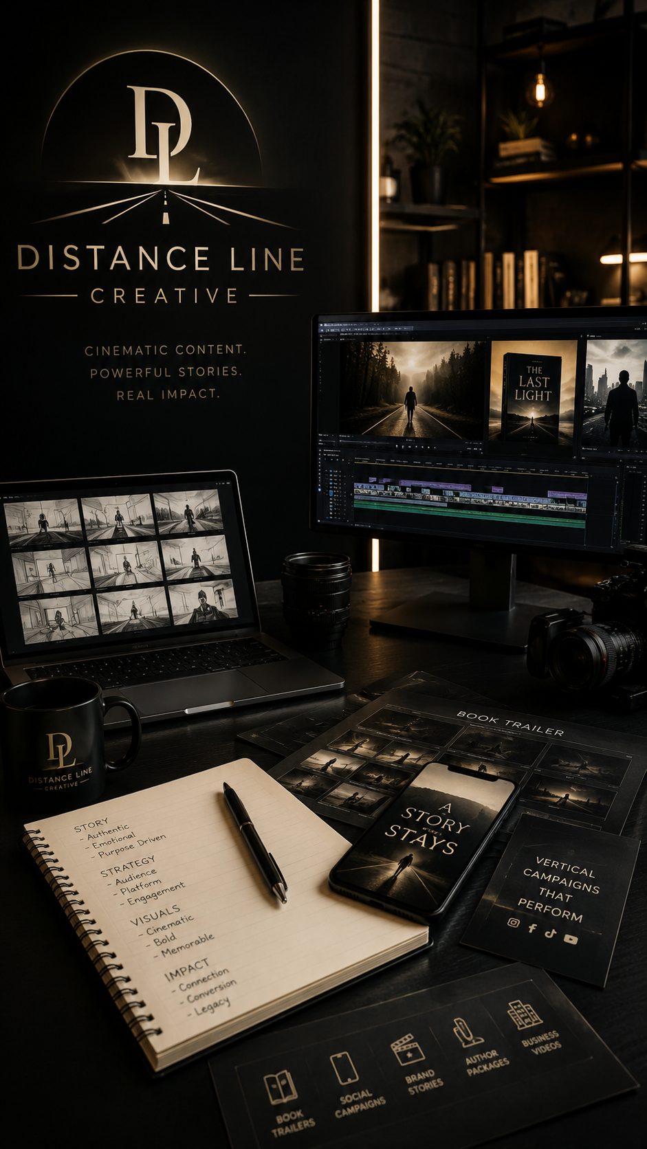 A professional workspace with a large monitor displaying video editing software, a laptop showing storyboard thumbnails, printed project plans, a camera, and branded promotional materials for 'Distance Line Creative'.