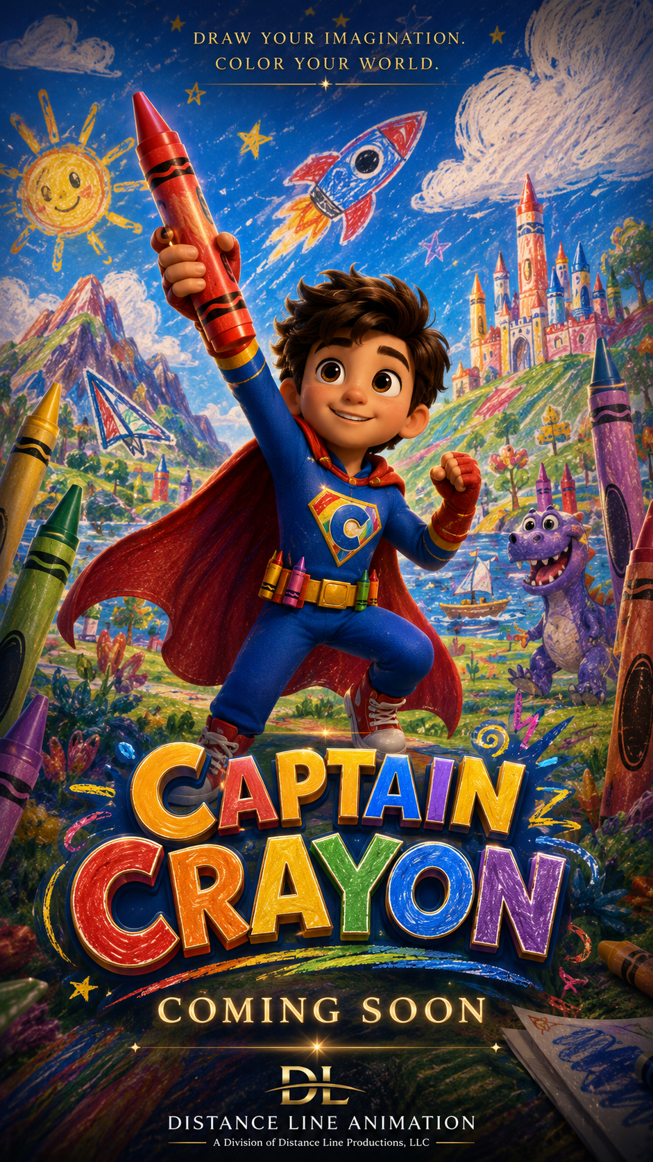 Animated poster for 'Captain Crayon' featuring a young boy in a superhero costume holding a large crayon, with a colorful fantasy landscape including a castle, a purple dinosaur, mountains, and a bright blue sky with a sun and stars, inviting viewers to draw and color.