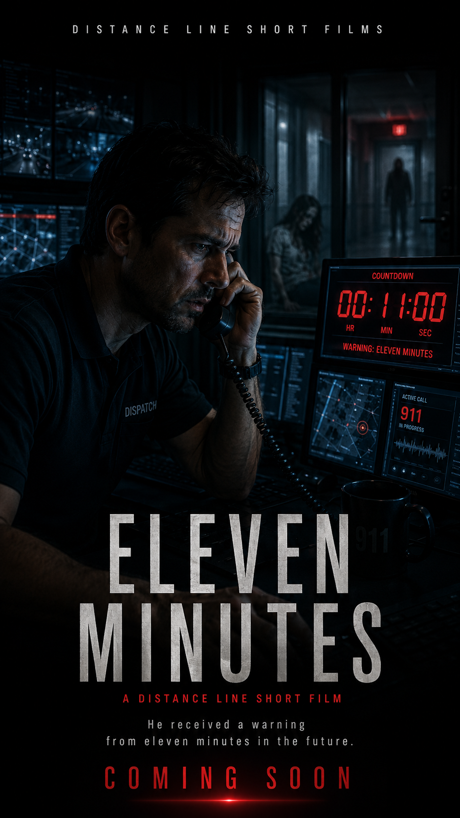 A man in a dark room with multiple computer screens, a woman in the background, and a countdown clock showing 11 minutes, 00 seconds. The image promotes a short film titled 'Eleven Minutes' with a warning about eleven minutes.
