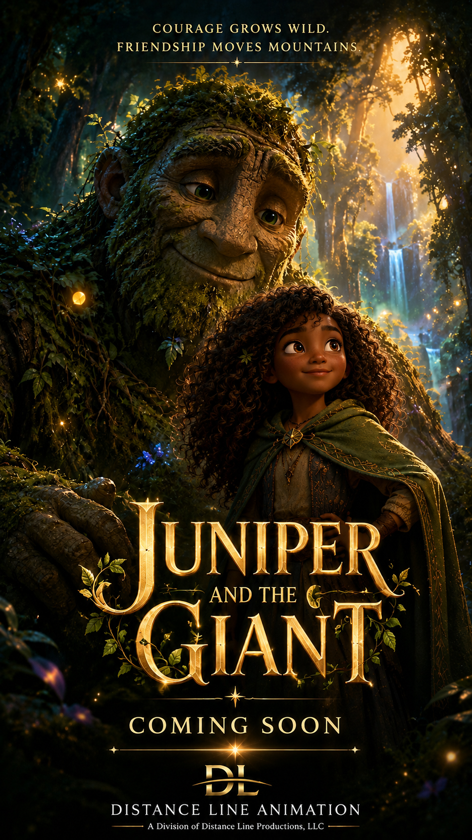 Movie poster for 'Juniper and the Giant' showing a young girl with curly hair and a green cloak, standing next to a large, friendly-looking giant in a lush, glowing forest with waterfalls in the background, with the text 'Coming Soon' and 'Distance Line Animation'.