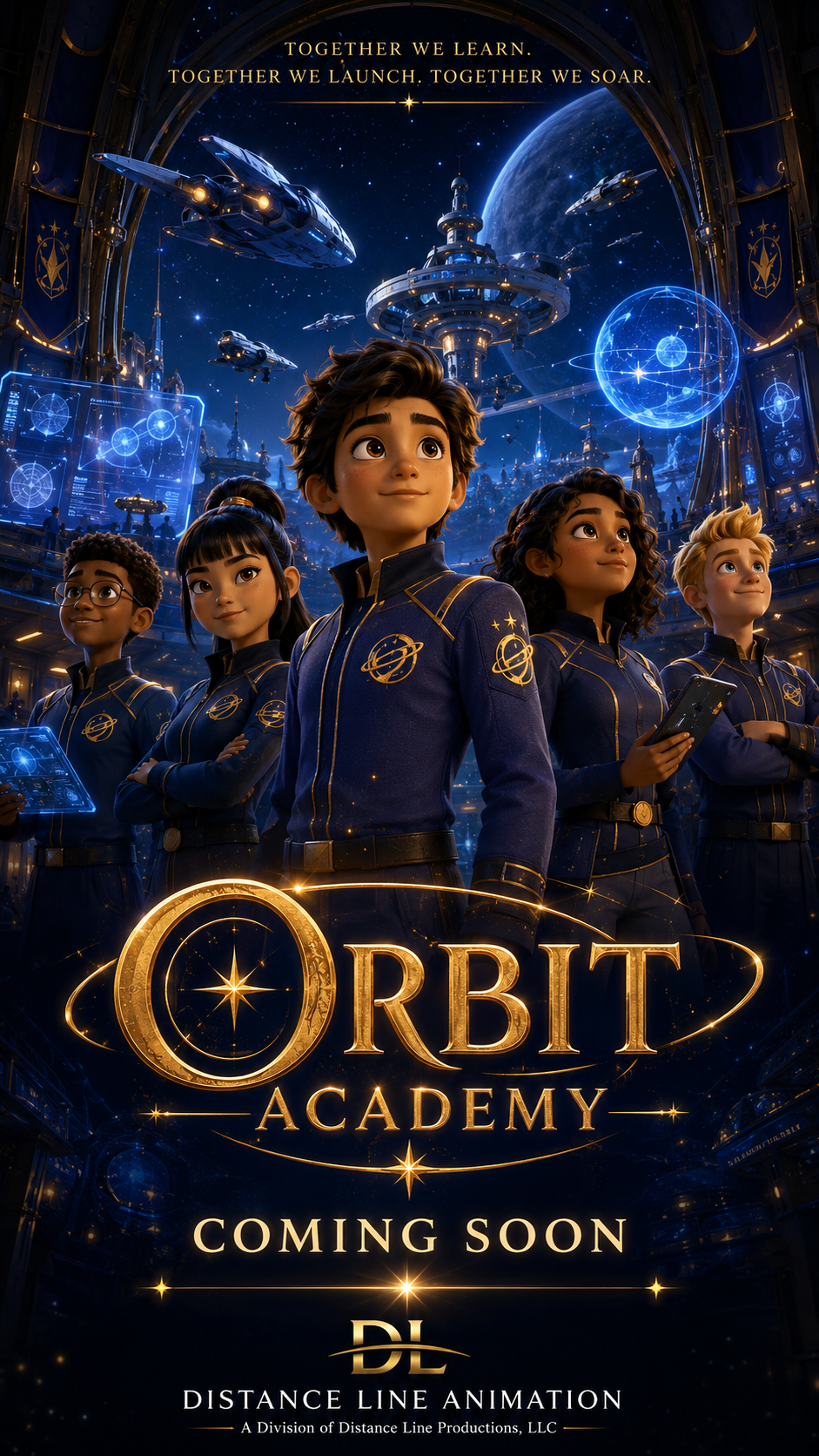 Animated poster for 'Orbit Academy' featuring five diverse young space cadets in blue uniforms, with a futuristic space station, spacecraft, and planets in the background.