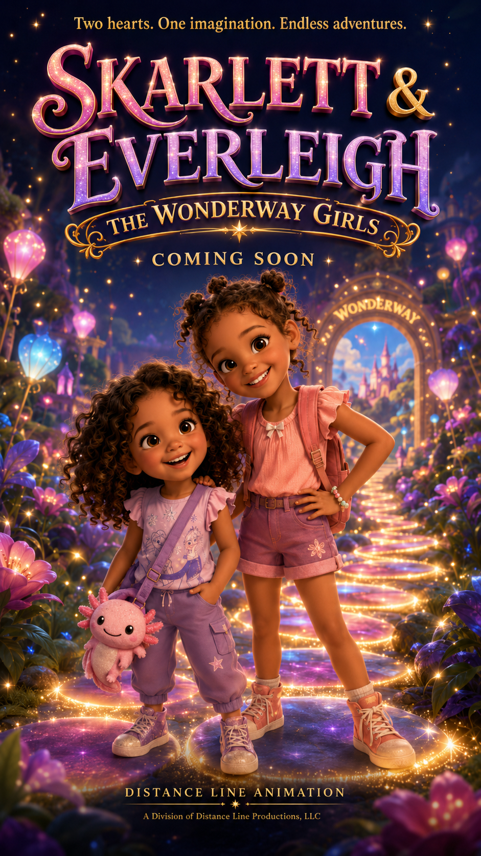 Poster for 'Skarlett & Everleigh: The Wonderway Girls' animated movie featuring two young girls with curly hair, standing on a glowing, starry pathway surrounded by vibrant flowers, with a whimsical wonderland castle in the background.