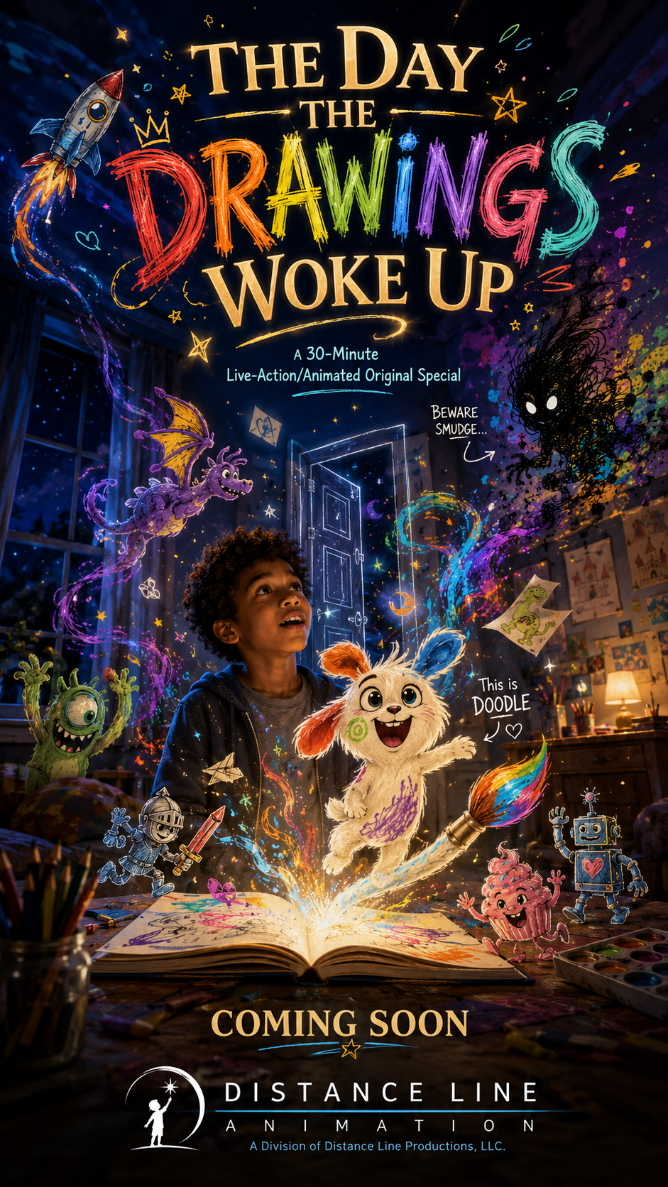 A promotional poster for a live-action animated special titled 'The Day the Drawings Woke Up'. It features a young boy with wild curly hair looking up at colorful, animated drawings and creatures emerging from a large open book on a desk. The drawings include a flying rocket, a purple dragon, a green monster, a blue robot, a cupcake, and a doodle with the text 'This is Doodle'. The background shows a bedroom scene with a window, curtains, and wall art. The poster states the special is coming soon and is produced by Distance Line Animation.