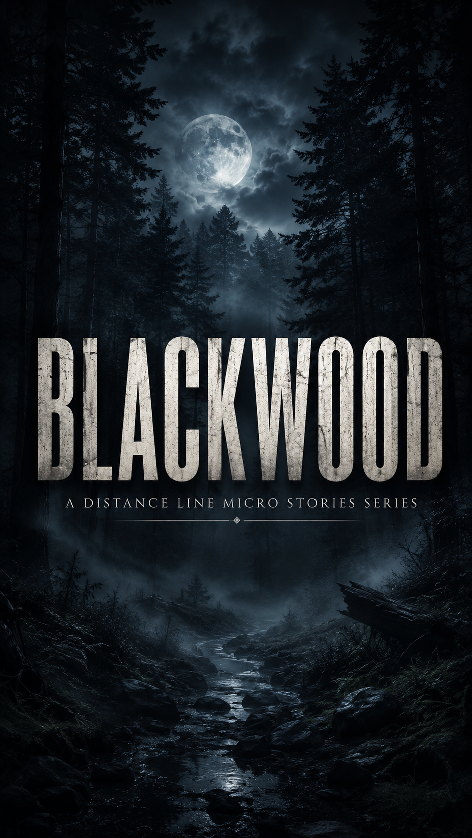 Dark forest at night with a full moon shining through clouds, a small stream running through the woods, and the title 'Blackwood' with tagline 'A Distance Line Micro Stories Series' in bold letters.