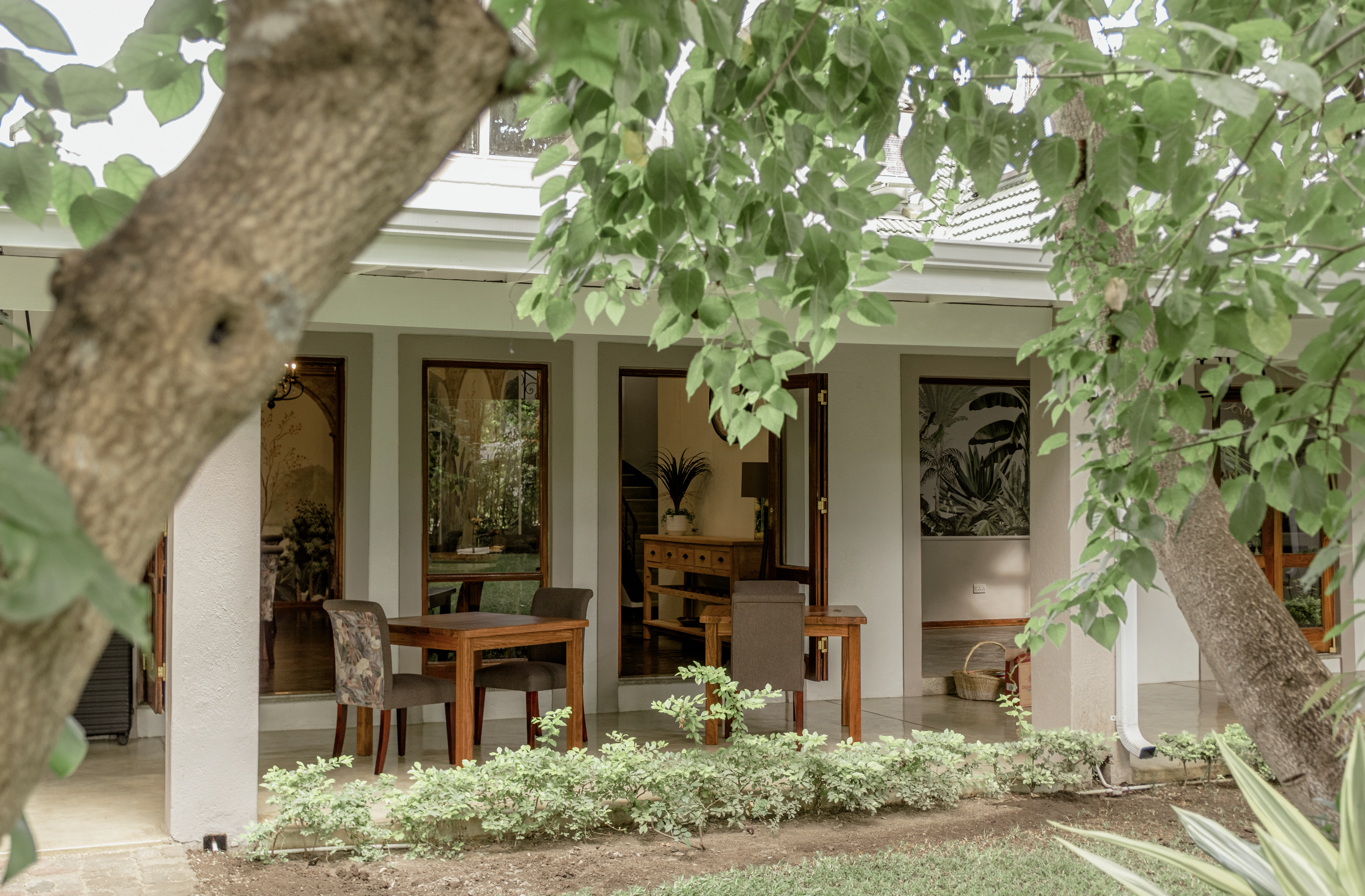View of a house patio framed by trees, showcasing wooden tables and chairs, indoors visible through open doors and windows, with plants and home decor inside.