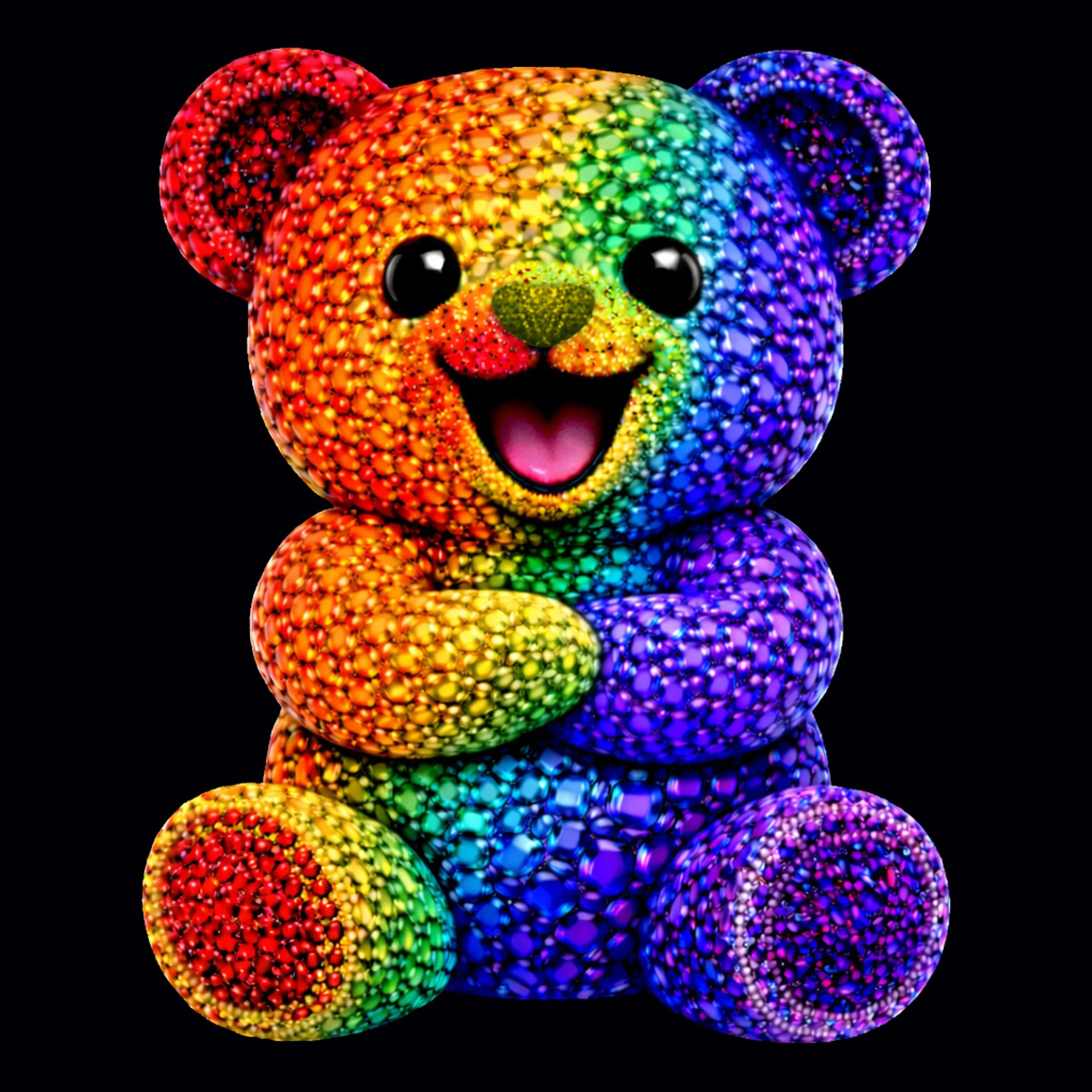 A colorful, pixelated teddy bear with rainbow colors on a black background.