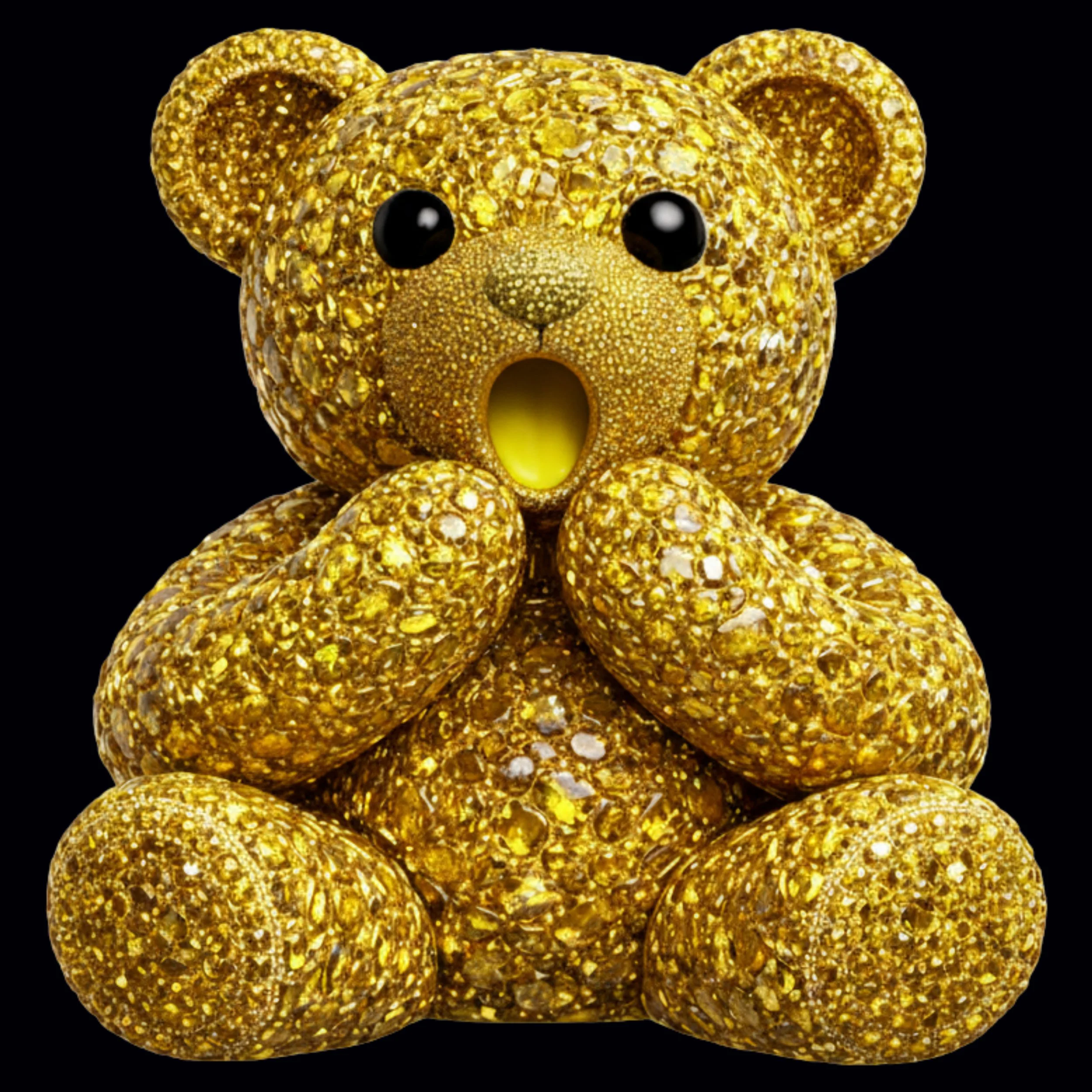 A teddy bear figurine covered in gold glitter and sequins, with black eyes and a black nose, placed against a black background.