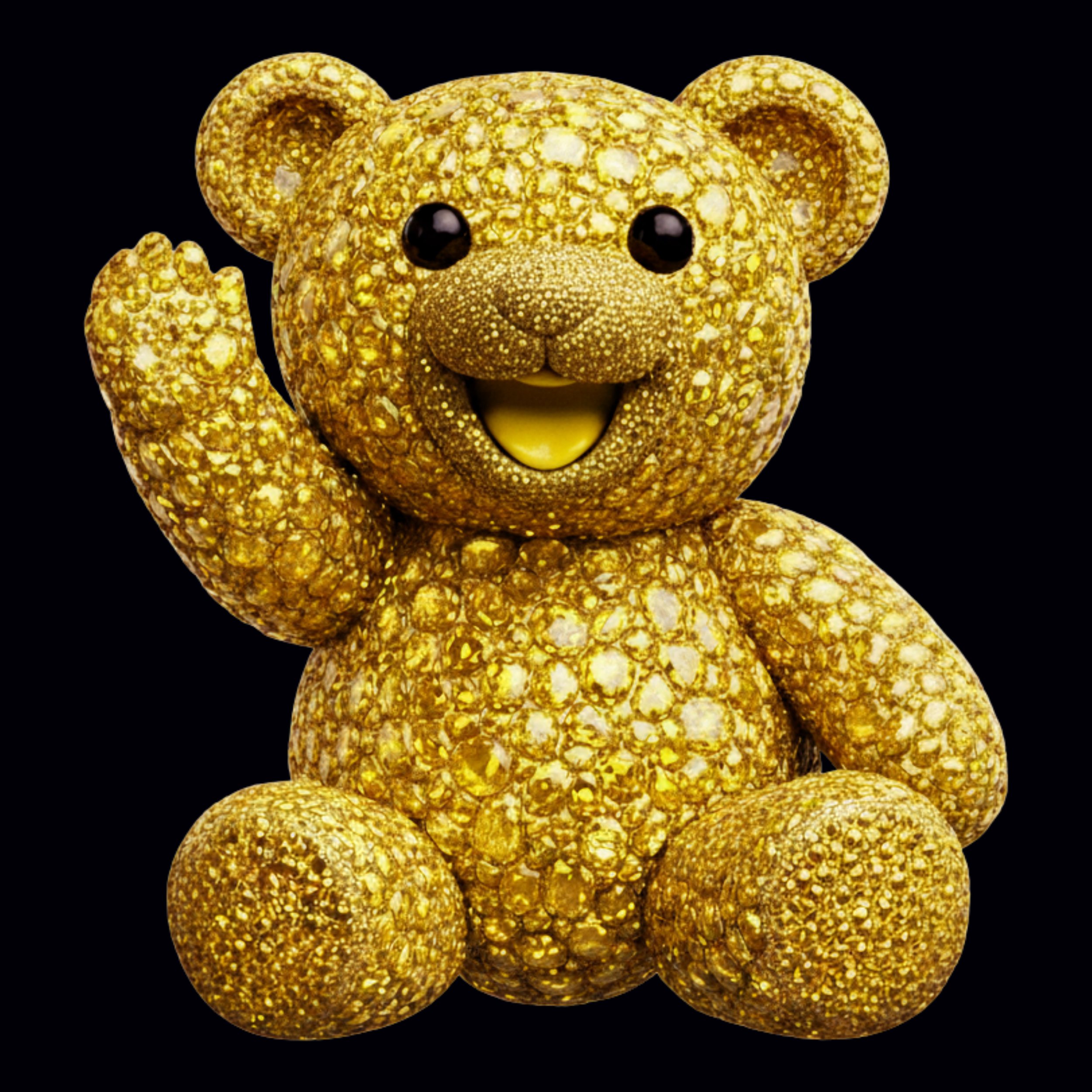 A bear-shaped plush toy covered in yellow and white stones, set against a black background.