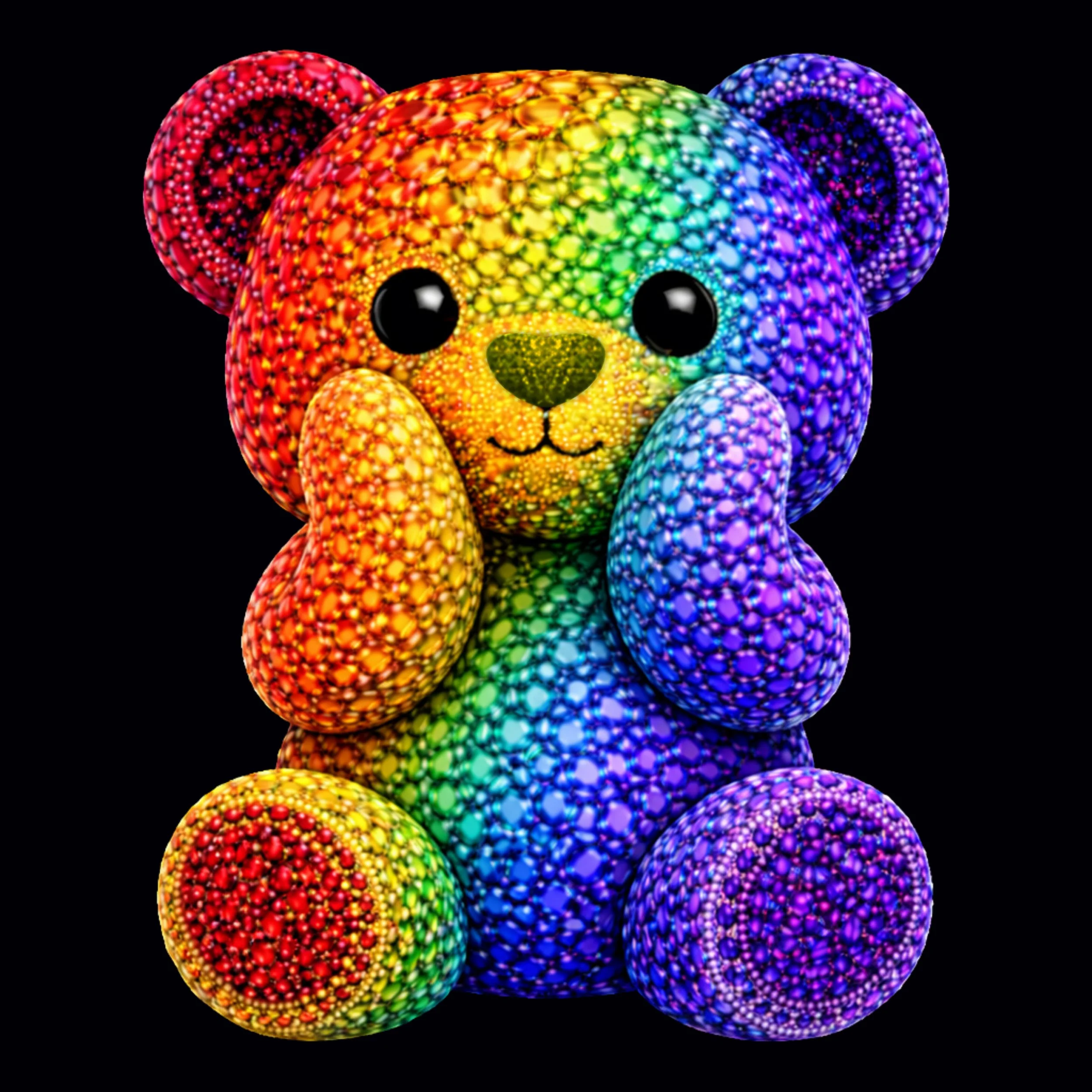Colorful 3D rendering of a teddy bear made with multicolored gemstones or crystals on a black background.
