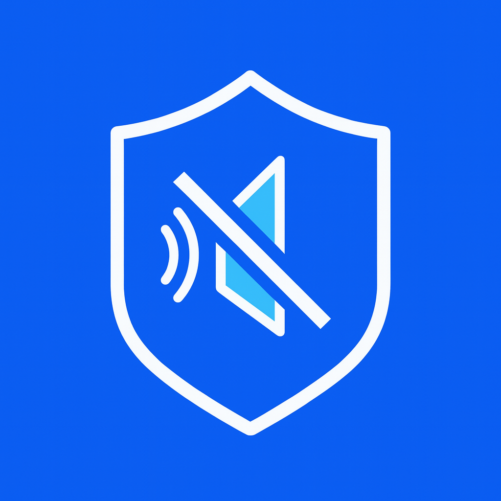 Symbool dat aangeeft dat geluid is uitgeschakeld, met een shield en een doorgehaalde luidspreker op een blauwe achtergrond.