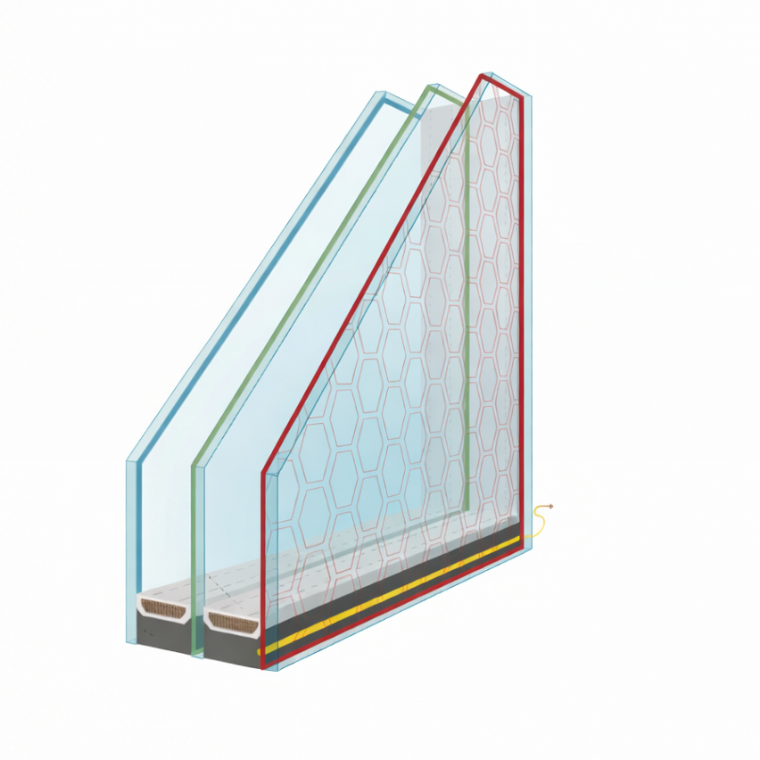 Cross‑section view of ThermoGlass heating technology showing multi‑layer glass structure with a transparent conductive coating that generates radiant heat.