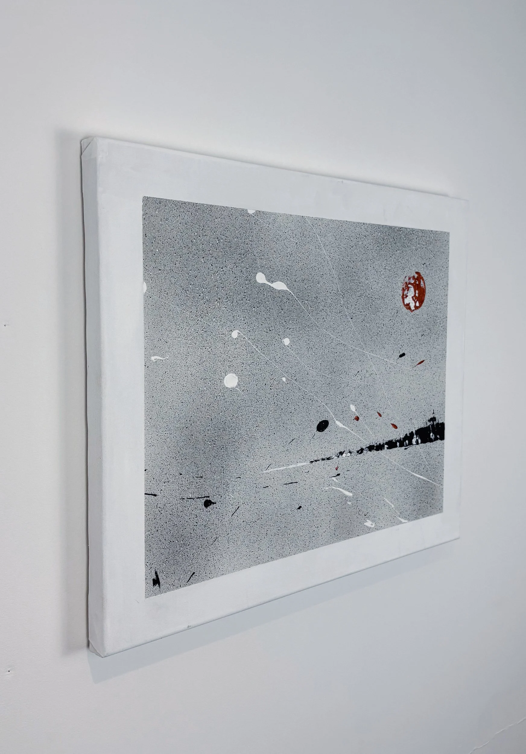 Atmospheric abstract minimal painting of Fistral beach with granite effect backdrop and black, white, and copper flicks of paint, framed in white wooden frame.
