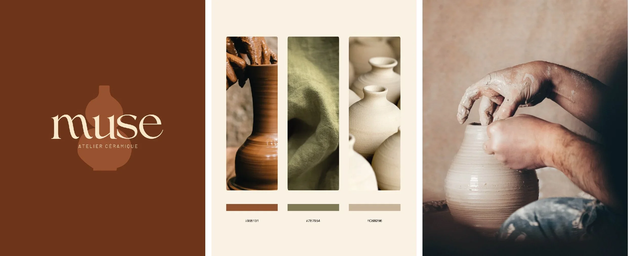 Logo de Muse Atelier Céramique, avec une photo de poterie en cours de fabrication par un artisan, et échantillons de couleurs et de modèles de céramique.