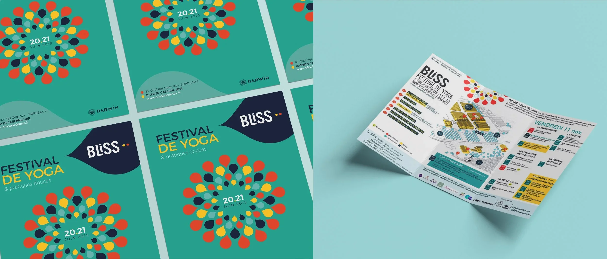 Affiches promotionnelles pour le Festival de Yoga Bliss Juin 2015, avec un design coloré, motifs de feuilles, et détails sur l'événement, notamment une étape de yoga et des pratiques douces.
