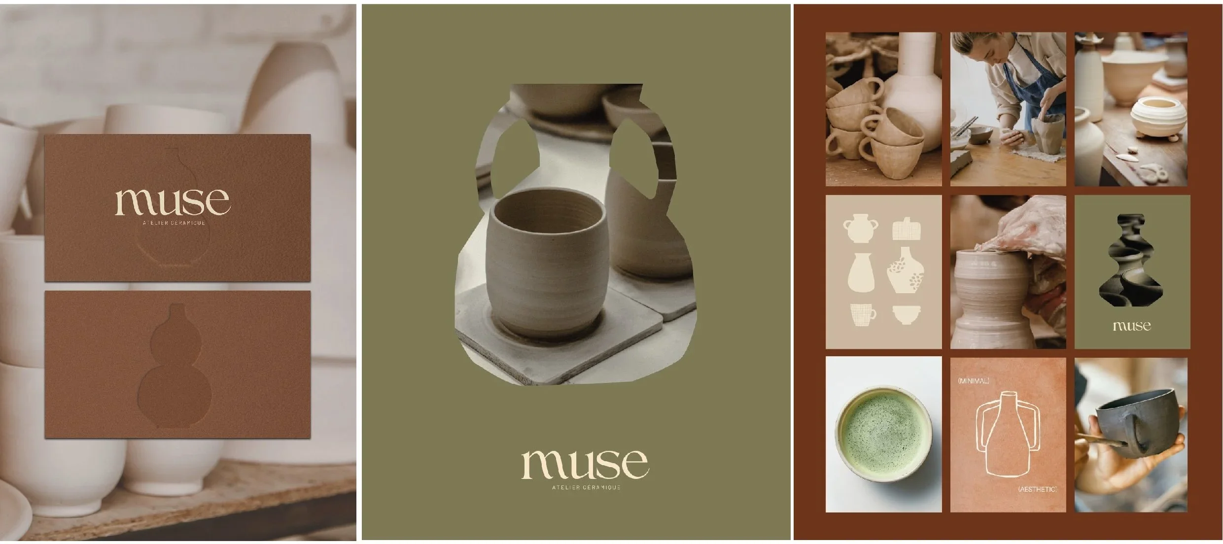 Publicité pour l'atelier de céramique Muse, montrant des images de céramiques en cours de fabrication, de produits finis, et d'un atelier, avec des logos et des illustrations de céramiques.