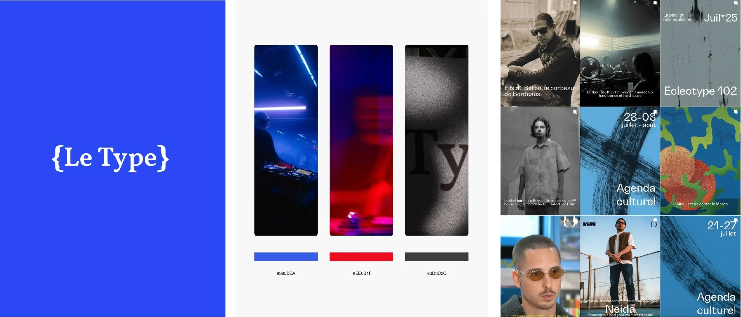 Page de présentation avec le titre {Le Type} en blanc sur fond bleu, à gauche, et diverses images de musique et d'art avec des textes en français sur le reste de la page.