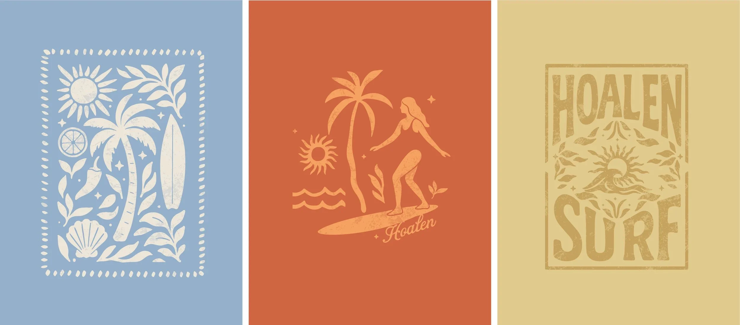 Trois affiches avec des thèmes liés à la plage et au surf, mettant en scène des éléments comme le soleil, des palmiers, une femme faisant du surf et des mots comme 'Holen Surf'.