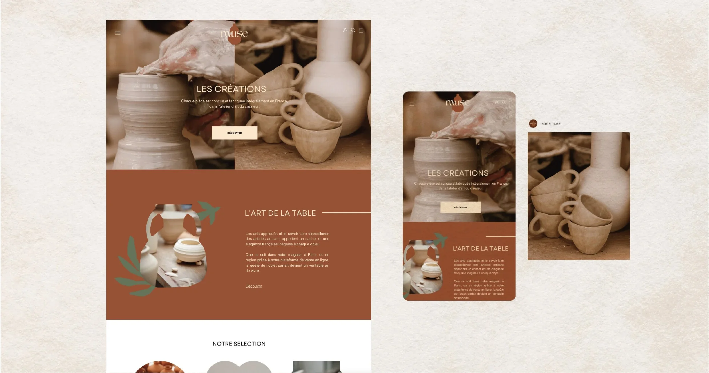 Page web présentant des créations en poterie avec plusieurs images de pots en céramique, textes sur l'art de la table, et une conception adaptée pour mobile et ordinateur.