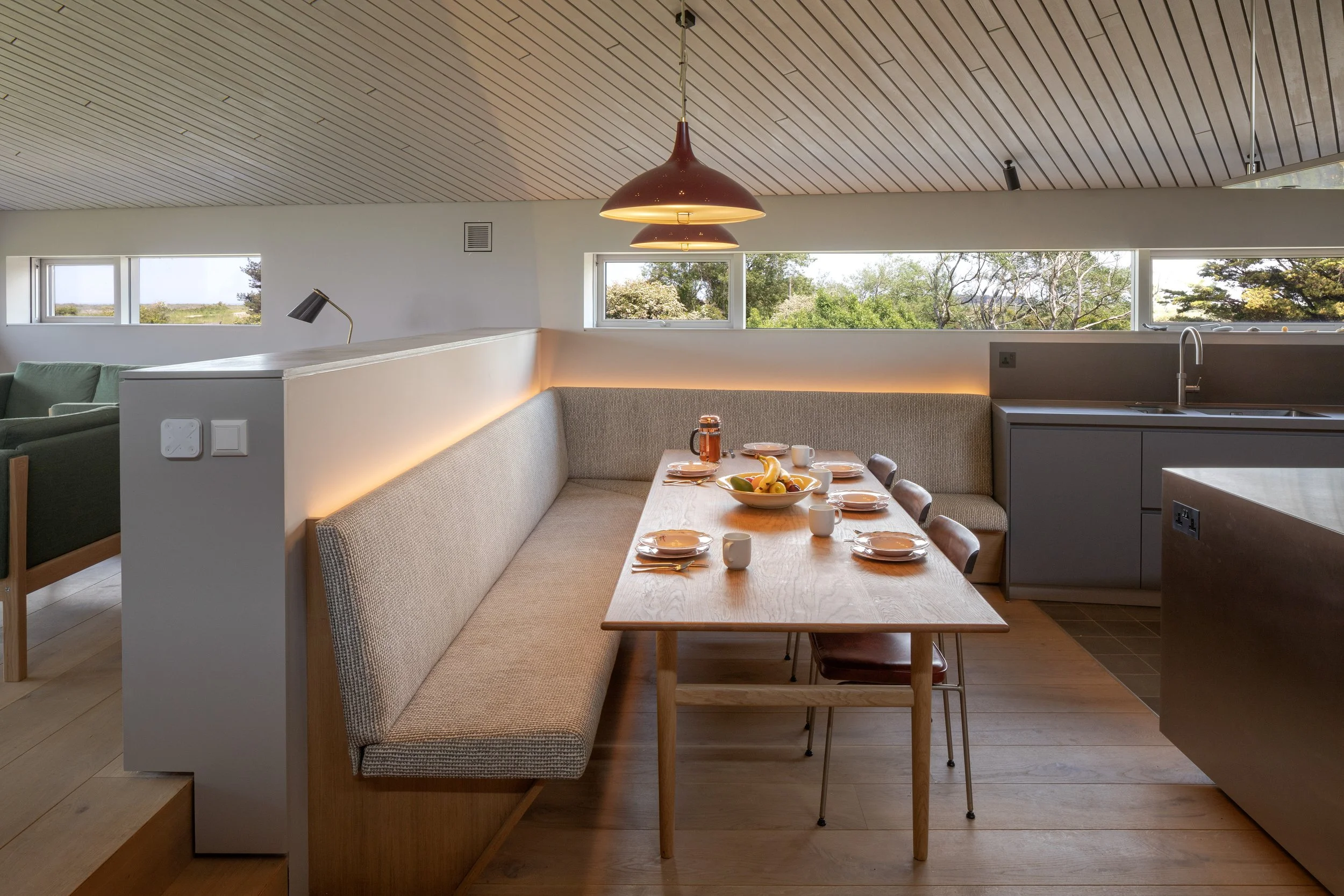 An image of the kitchen area and view
