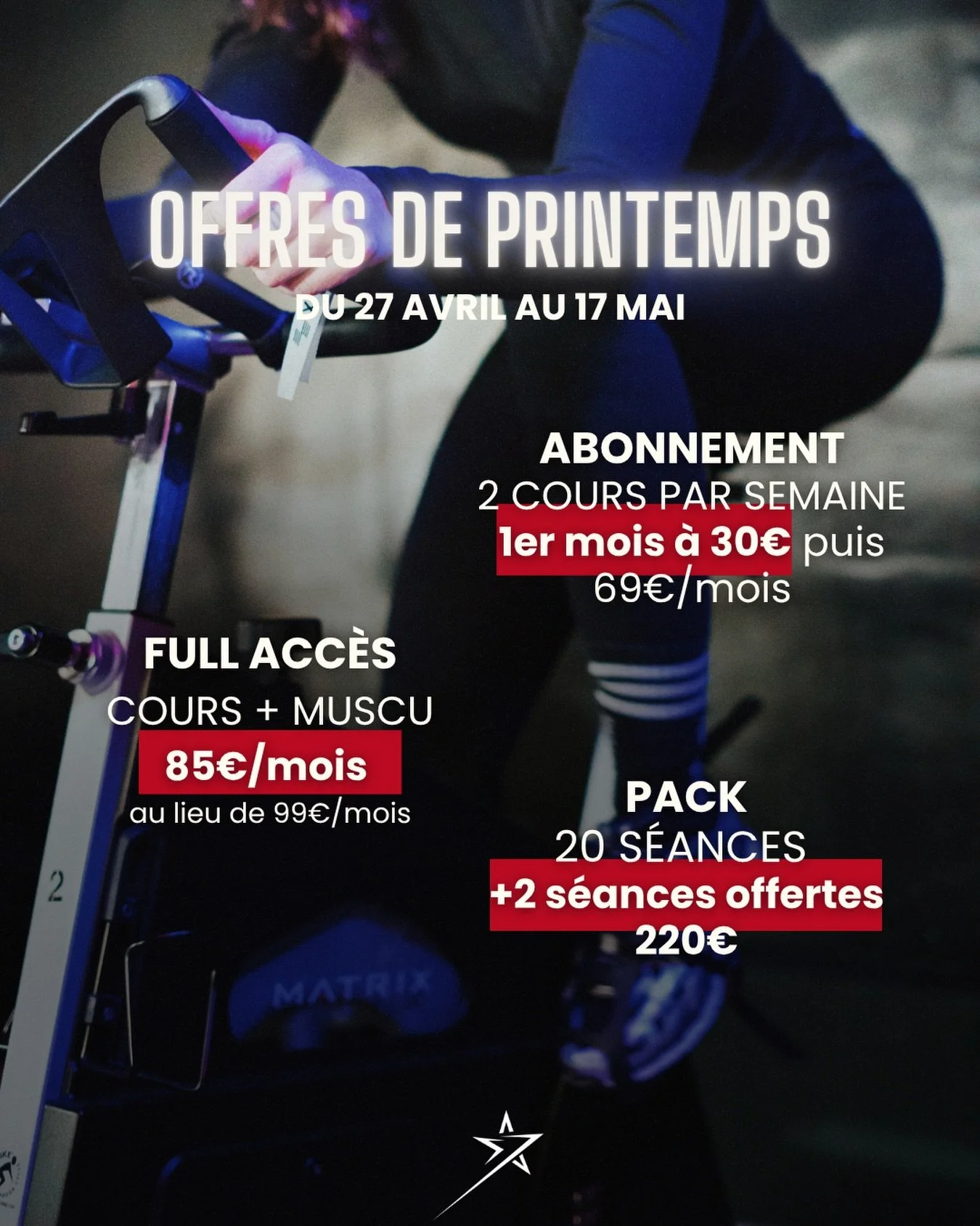 🔉 Offres de printemps du 27 avril au 17 mai ! 

Envie de retrouver le rythme dans une salle &agrave; taille humaine o&ugrave; on te conna&icirc;t, on te corrige et on te motive ?

Small group training, musculation, ambiance conviviale&hellip; et une