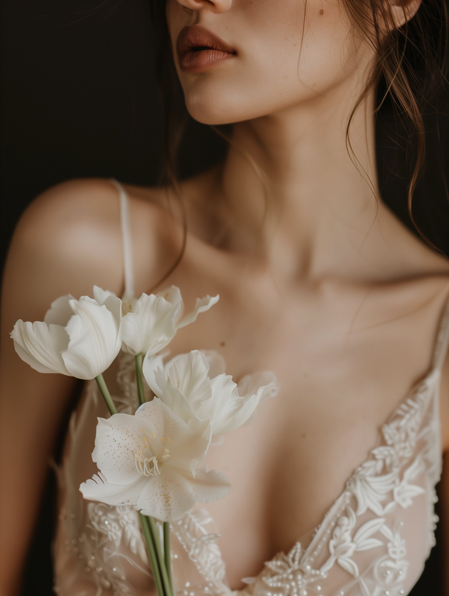 A woman holding white flowers, wearing a beige dress with lace and embroidery details.