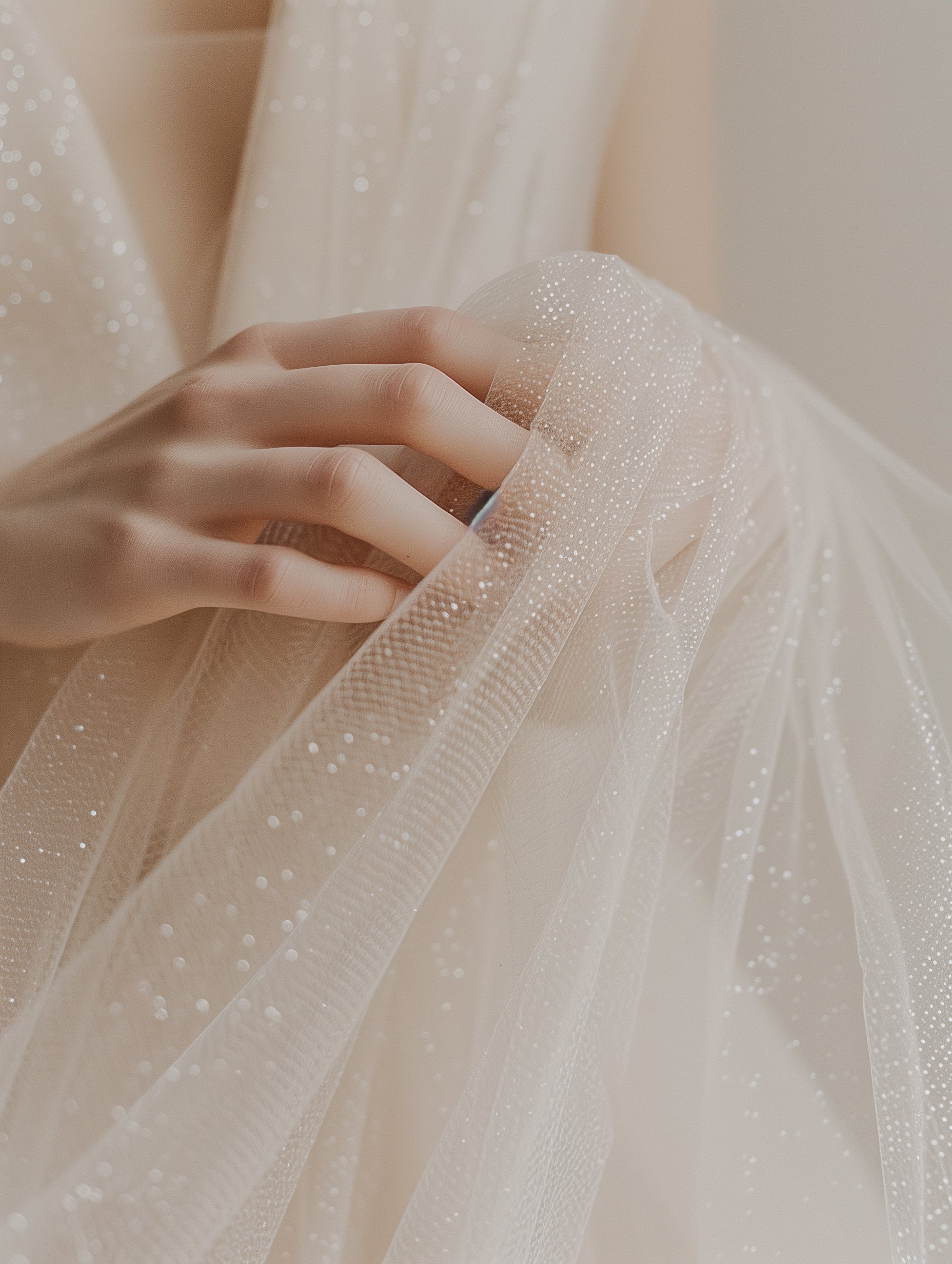 Close-up of a hand gently holding a delicate, sheer fabric with glittering details.
