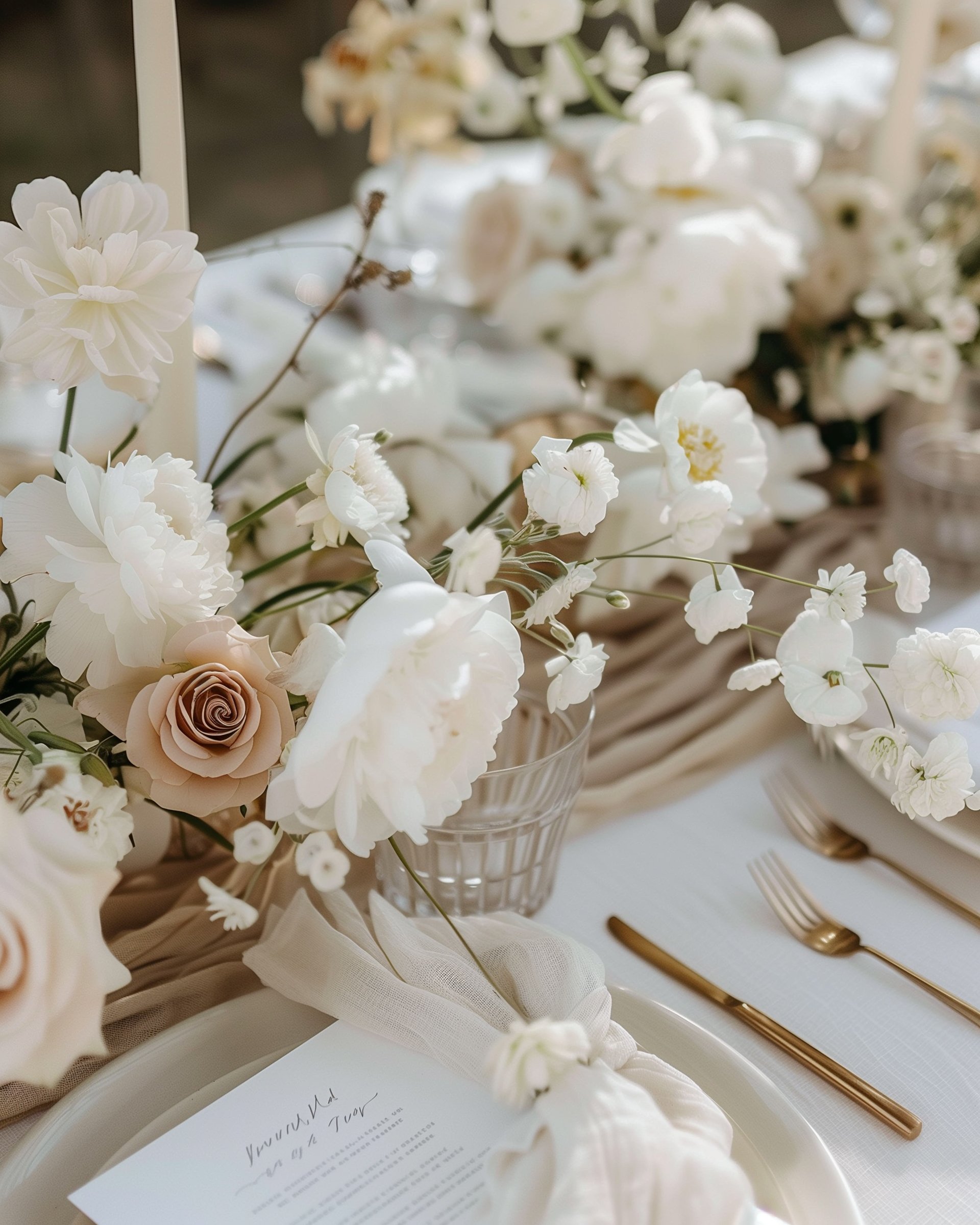 A wedding table centerpiece with white and blush roses, white lisianthus, and greenery in a glass vase, accompanied by gold cutlery and a wedding program on a white table.