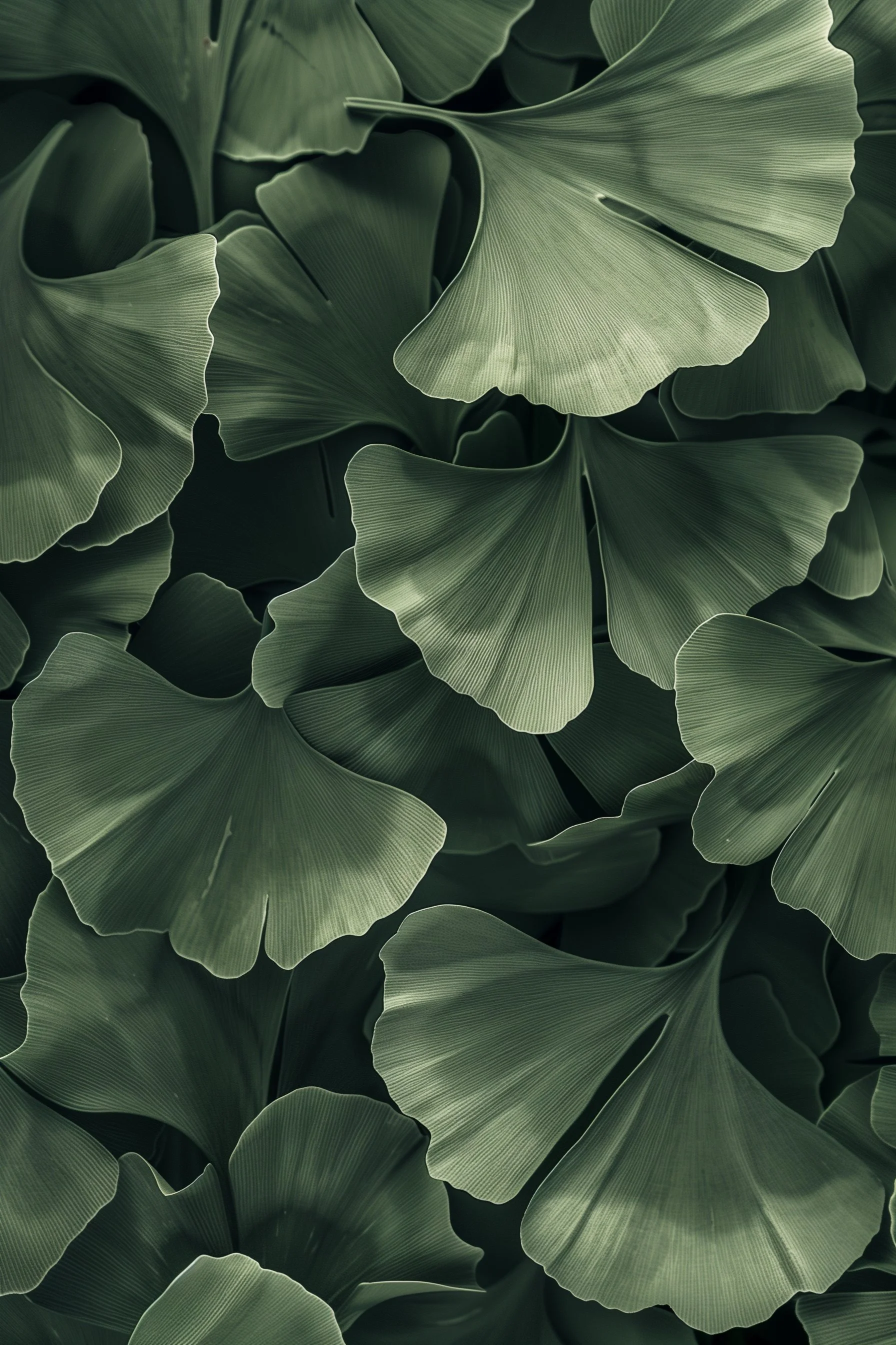 Close-up of overlapping green ginkgo leaves.