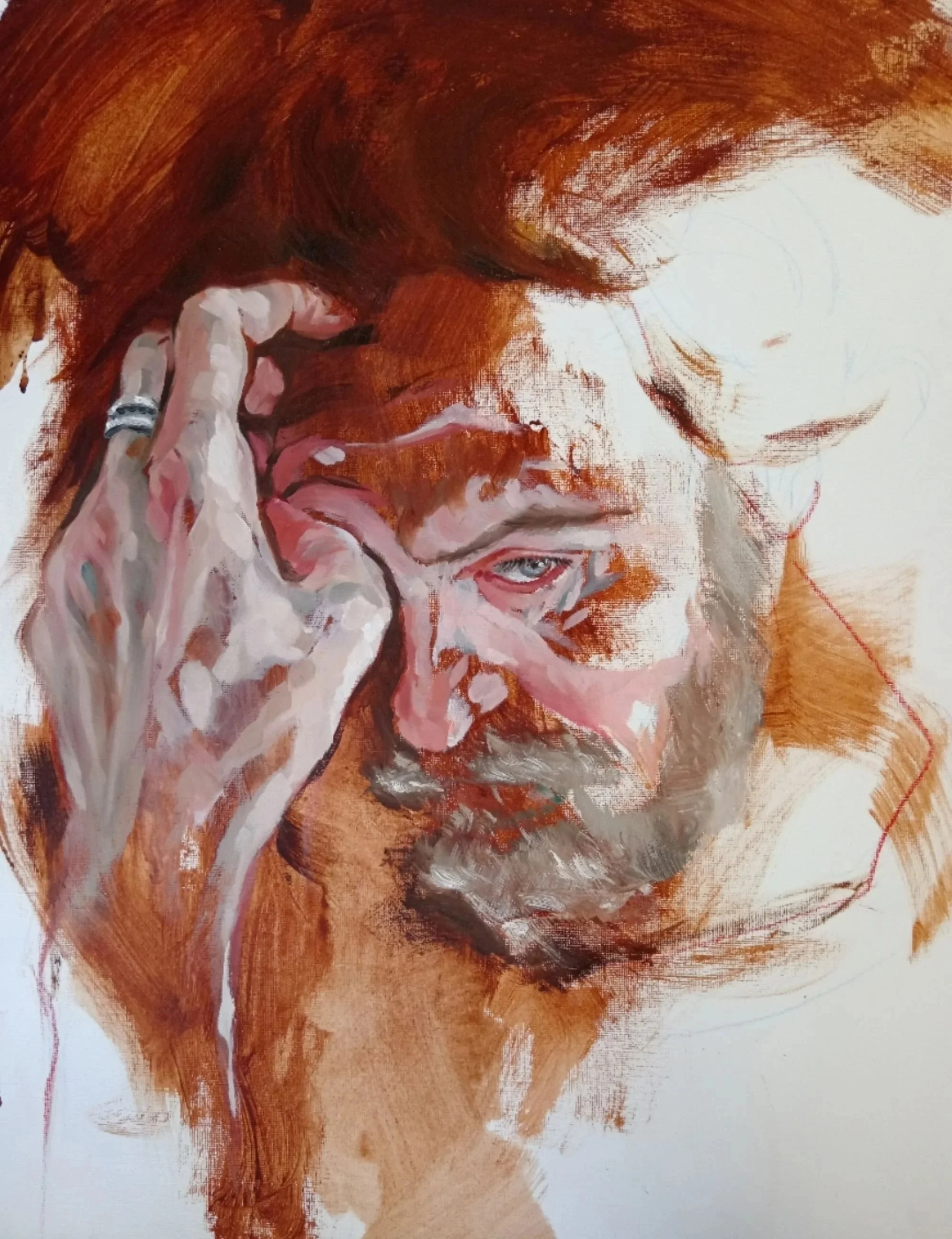 Portrait of a man covering one eye with his hand, emerging from expressive oil brushstrokes