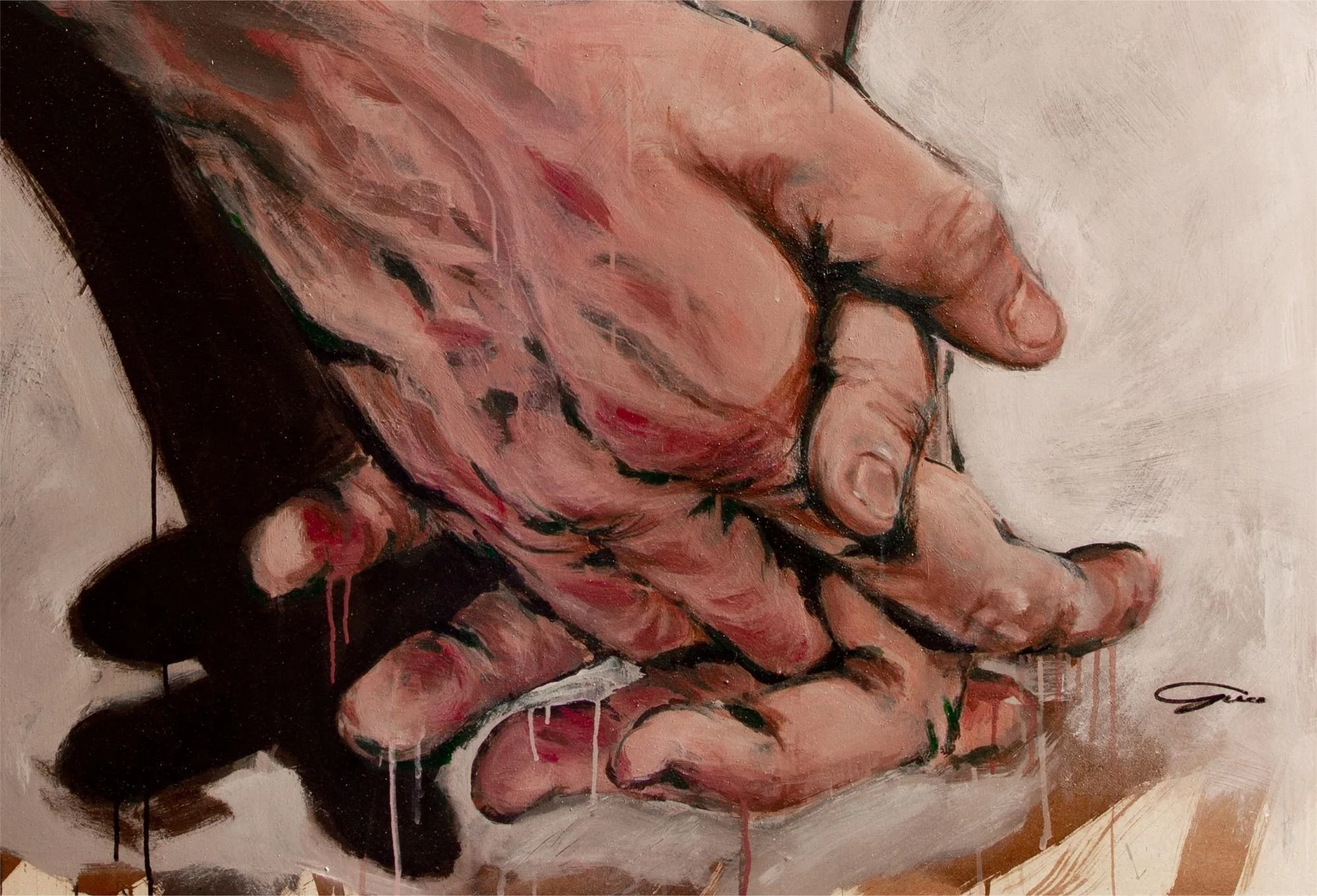 Prayer, acylic and mixed media on wooden panel, hands detail, 2019