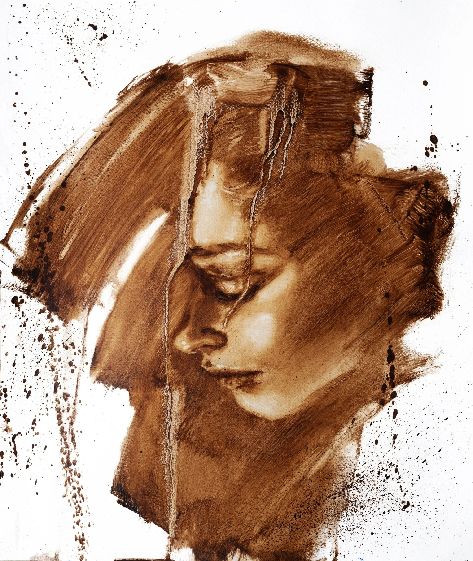 oil painting profile of a woman with closed eyes, emerging from expressive brushwork in earthy tones.