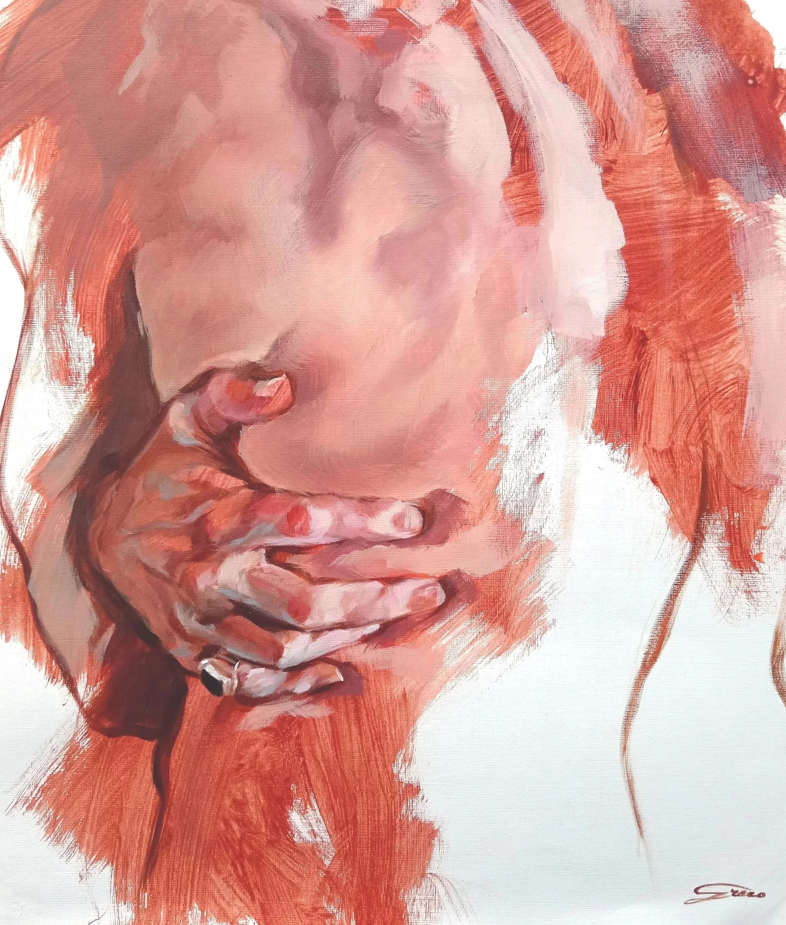 A painting showing a figure's back with a hand in a self-embracing gesture.