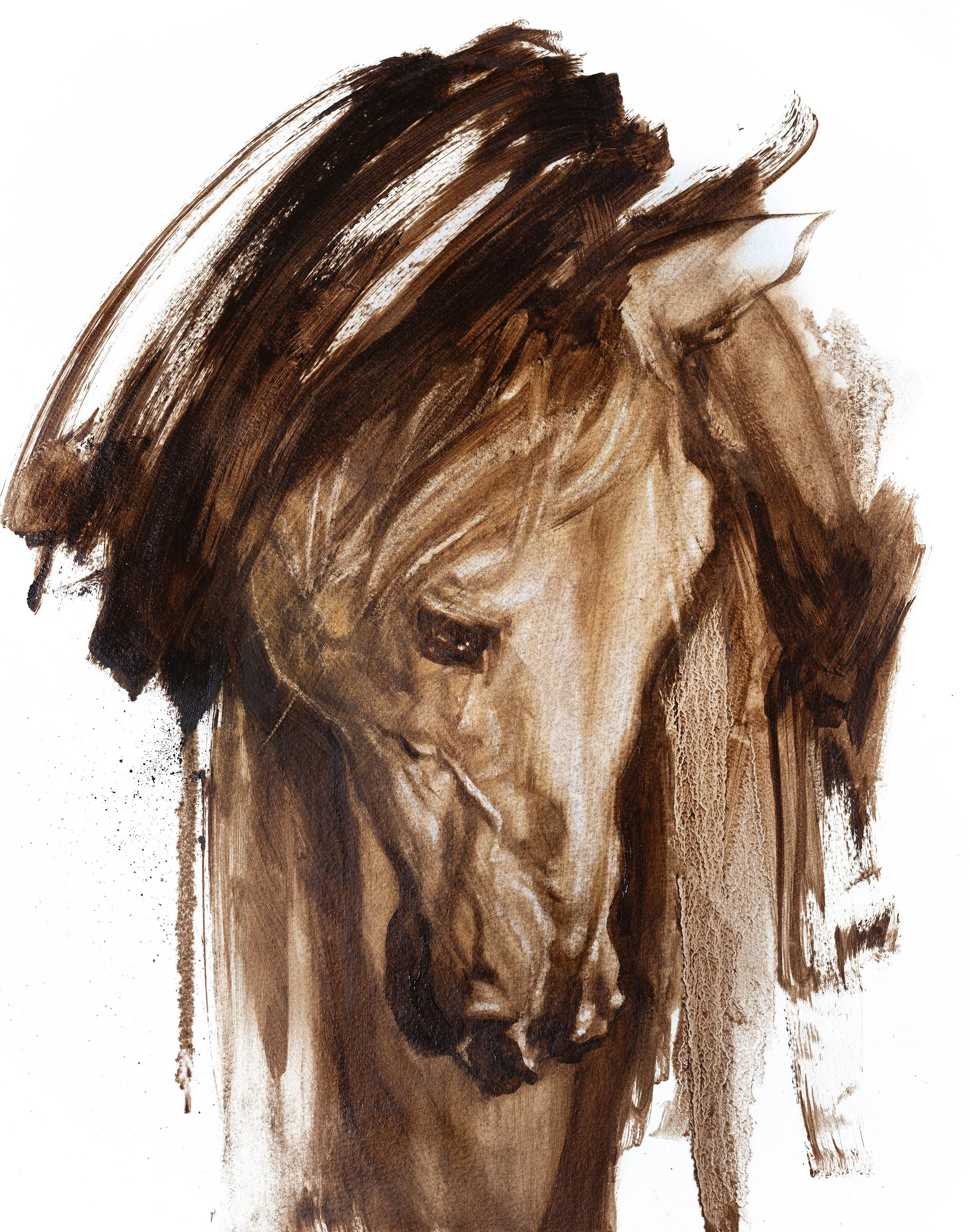 Close-up oil painting of a horse's head, chestnut mane, soft warm tones