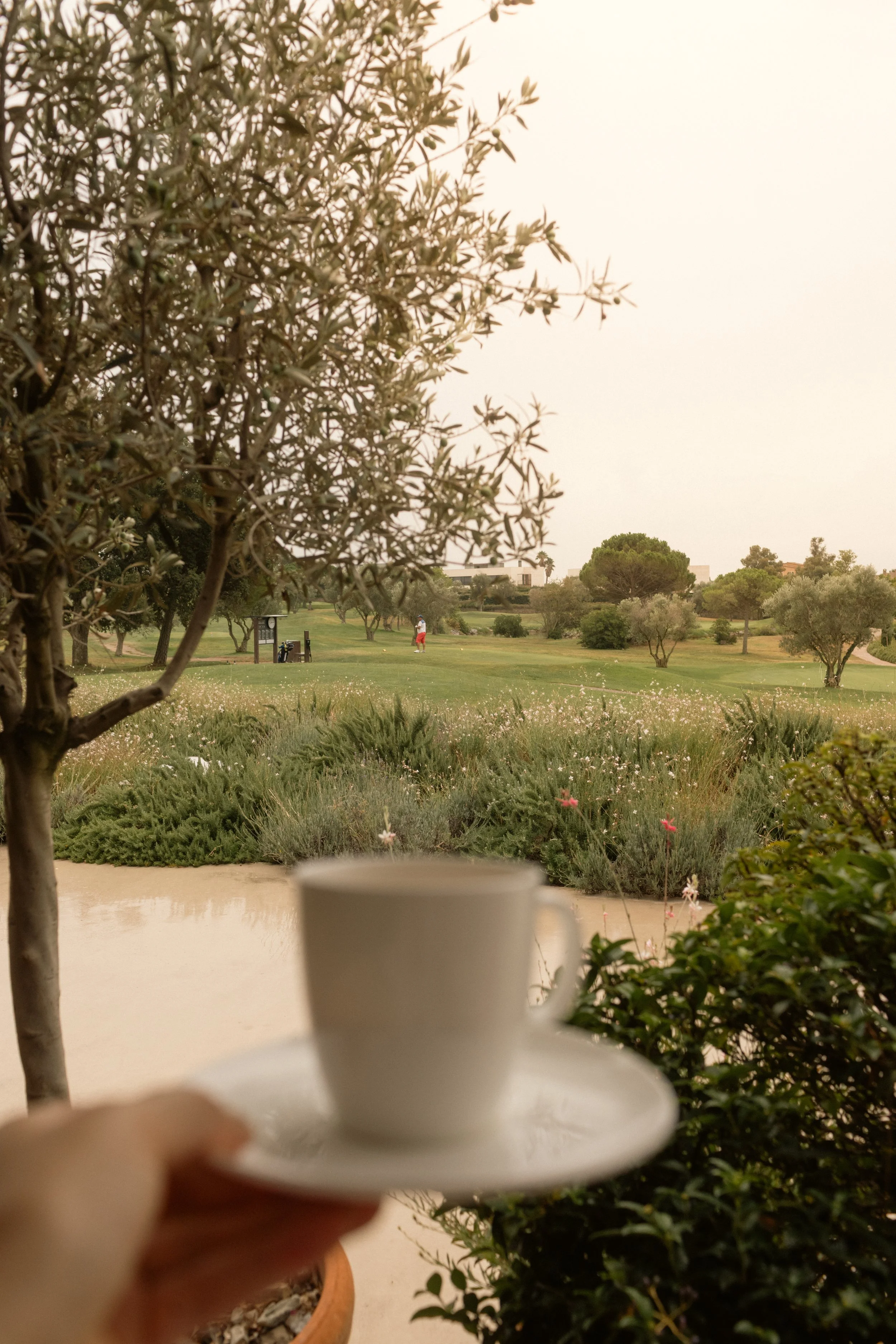 Elegant coffee moment at Hotel Perelada: hand-held espresso with a scenic view of the lush Mediterranean resort gardens.