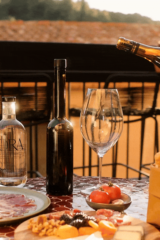Food and beverage photography for luxury hotel: detailed close-up of a cheese platter and red wine with shallow depth of field, natural evening light at Ora Priorat.