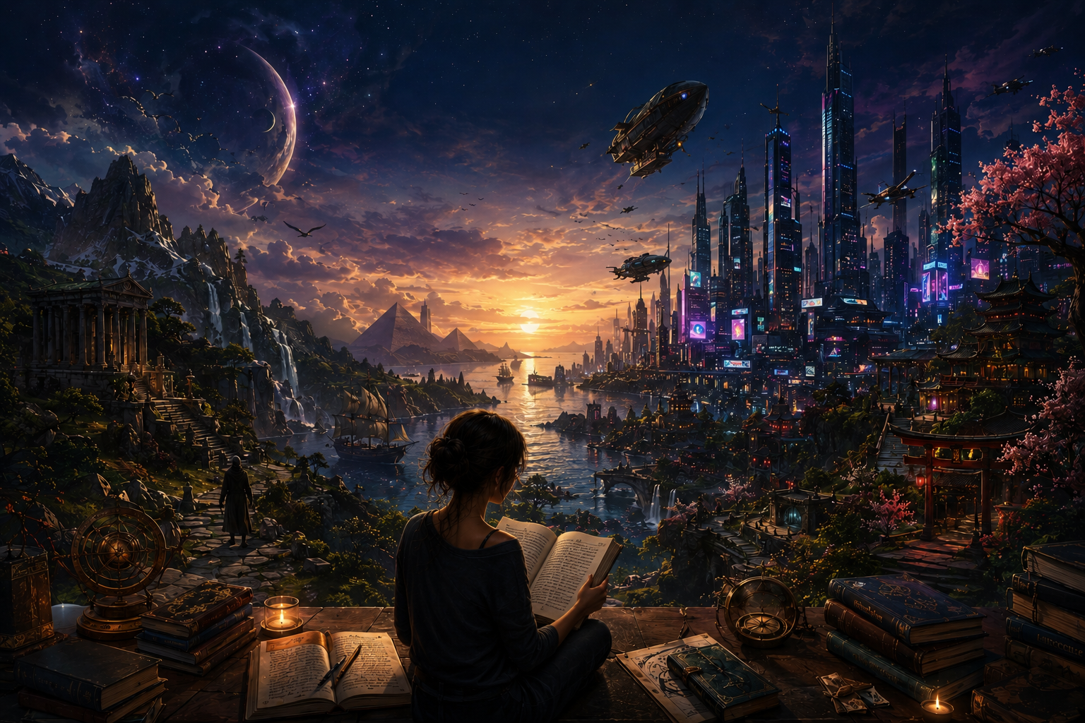 A woman sits reading a book in a room with a large window overlooking a futuristic cityscape at sunset. The city features tall skyscrapers, flying ships, and advanced technology, set against a mountainous landscape and a starry sky with planets. The room is filled with books, candles, and scientific instruments.