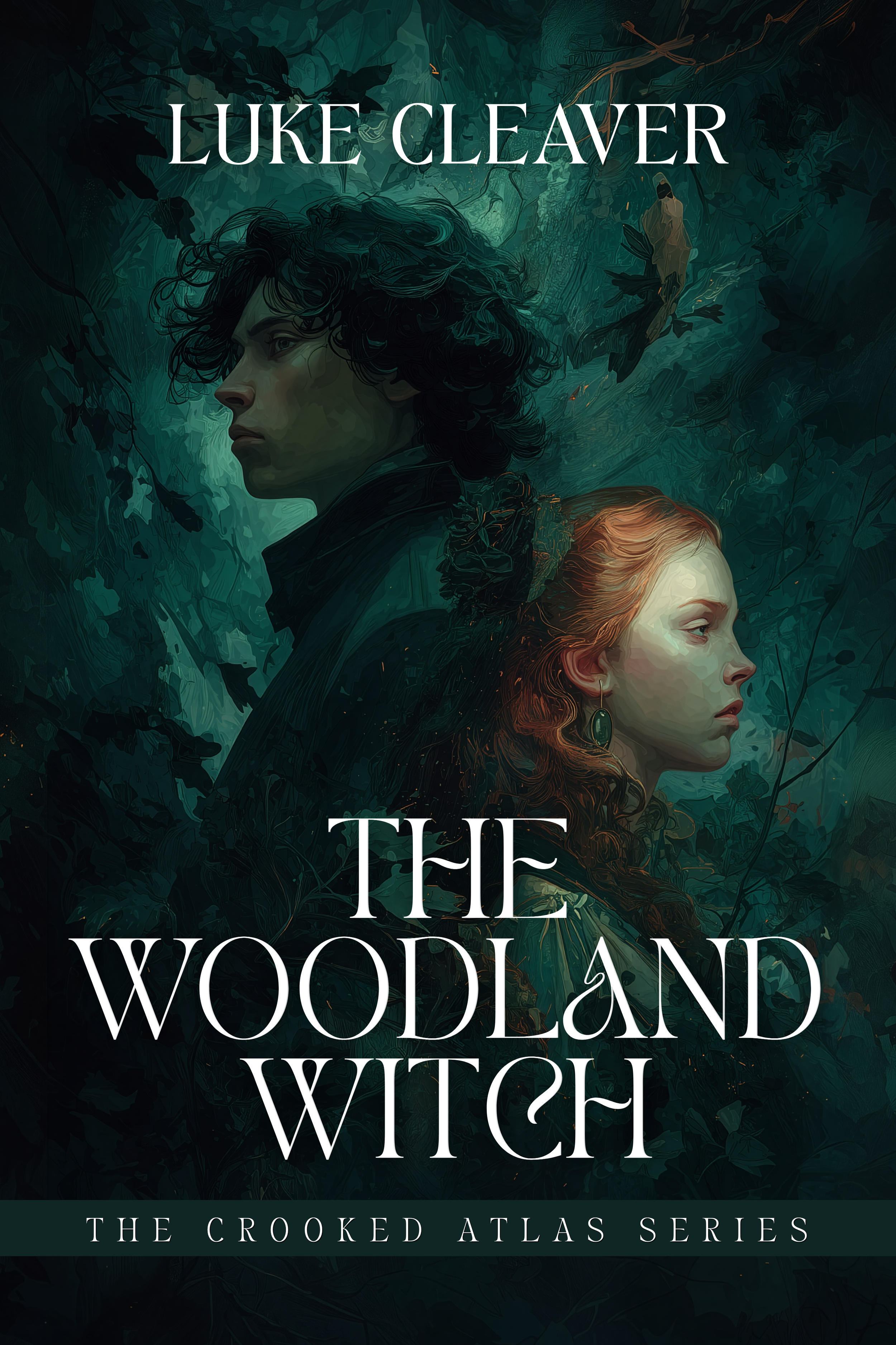 Cover of the book titled "The Woodland Witch" by Luke Cleaver, featuring a dark, mystical forest background with two women, one with dark curly hair and another with red hair, both in profile.