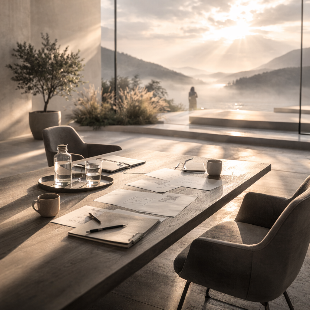 Ein moderner conference room mit einem großen Holztisch, zwei bequemen Stühlen, Wasserflaschen, Kaffeetassen, Notizbüchern und Zeichenmaterialien, Blick durch große Fenster auf eine Berglandschaft bei Sonnenaufgang.