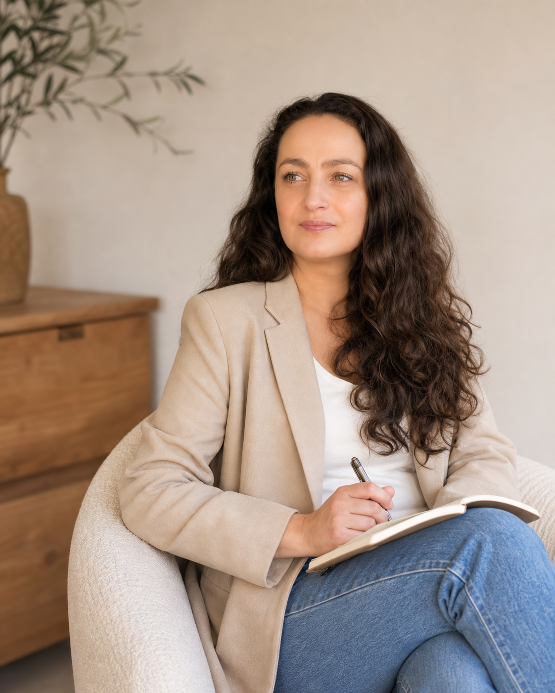 Frau mit langen, lockigen braunen Haaren sitzt in einem Sessel, trägt einen beige Blazer und blaue Jeans, hält einen Stift und notiert in einem Notizbuch, im Hintergrund ein Holztisch und eine Vase mit grünem Zweig.