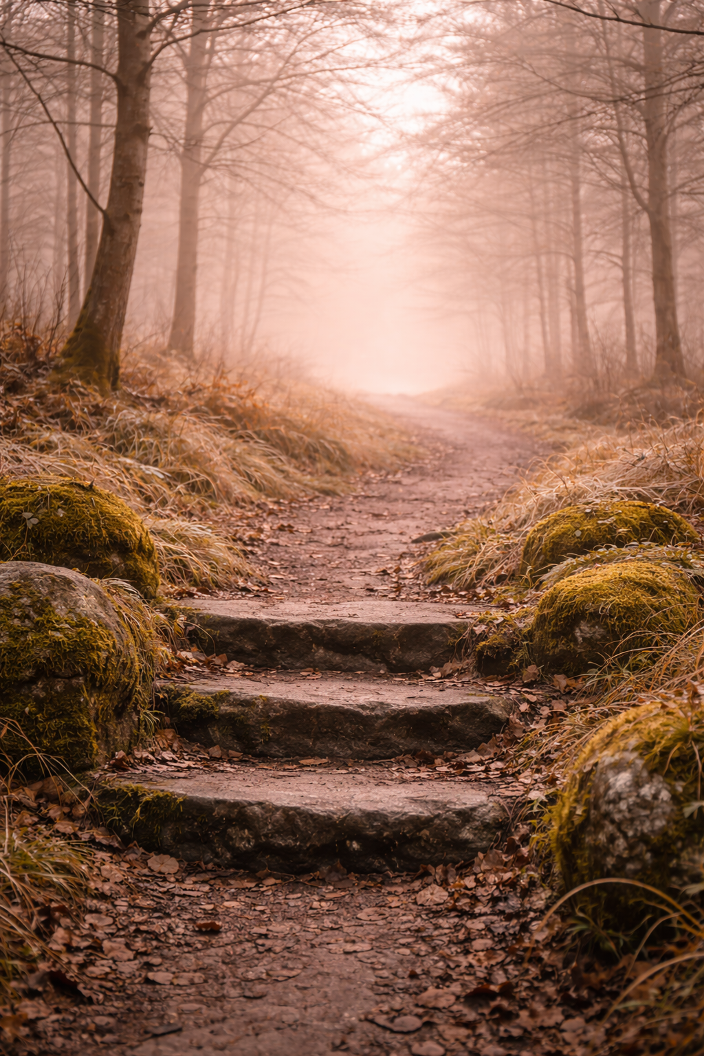 Ein Pfad in einem nebligen Wald, umgeben von Bäumen und Moosbüschen, mit Steinstufen im Vordergrund.