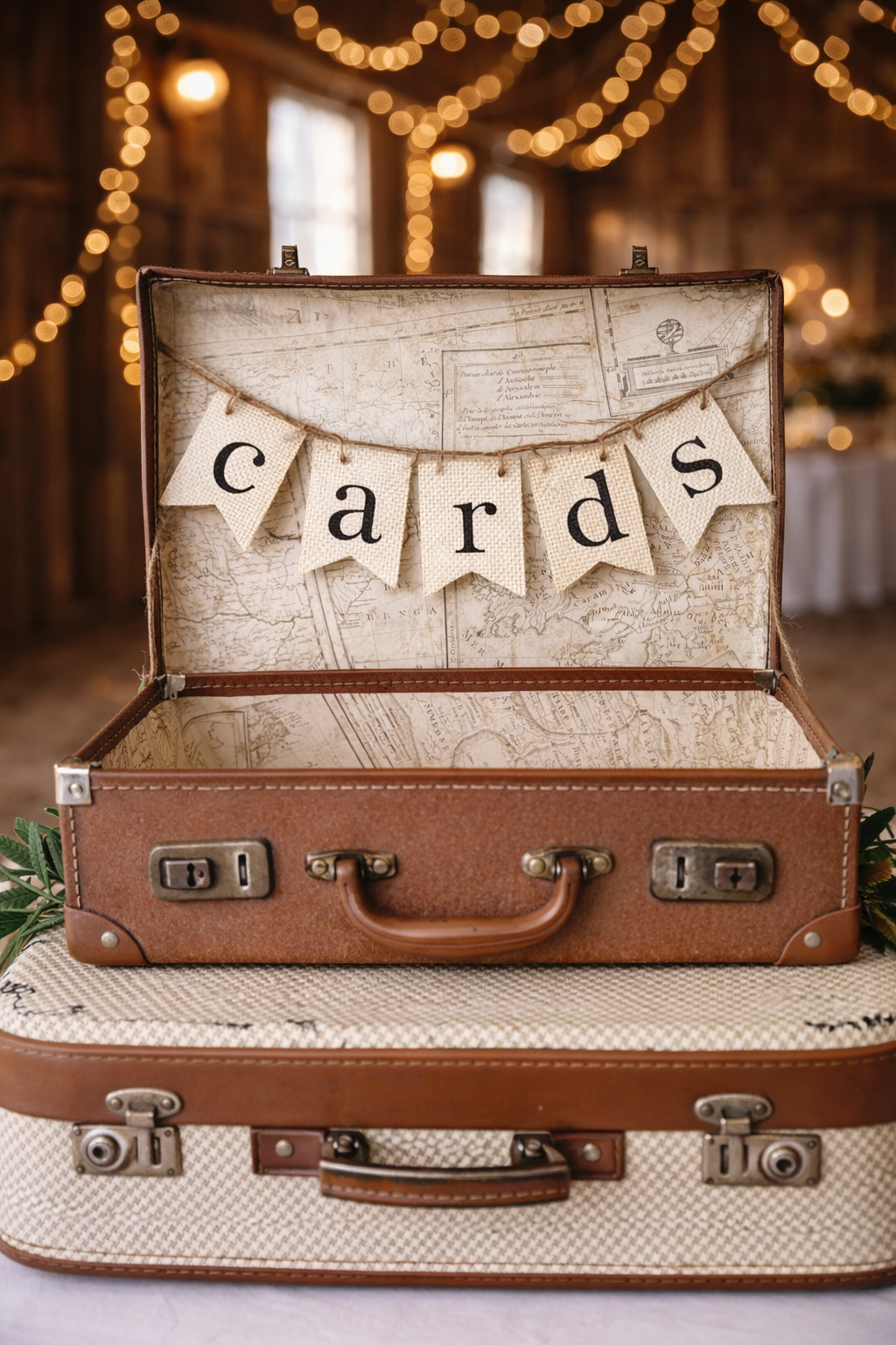 Open vintage suitcase with a 'cards' banner inside, set on a table with blurred warm string lights in the background.