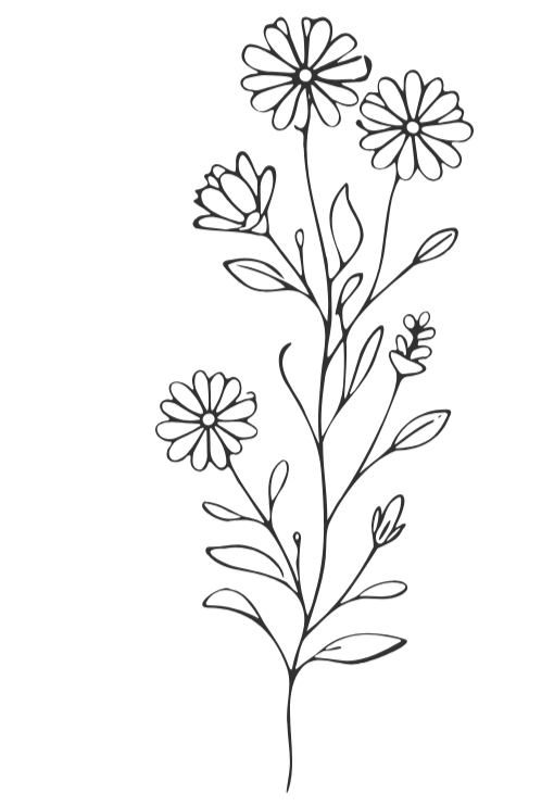 Line drawing of a flowering plant with multiple blossoms and leaves on a black background.