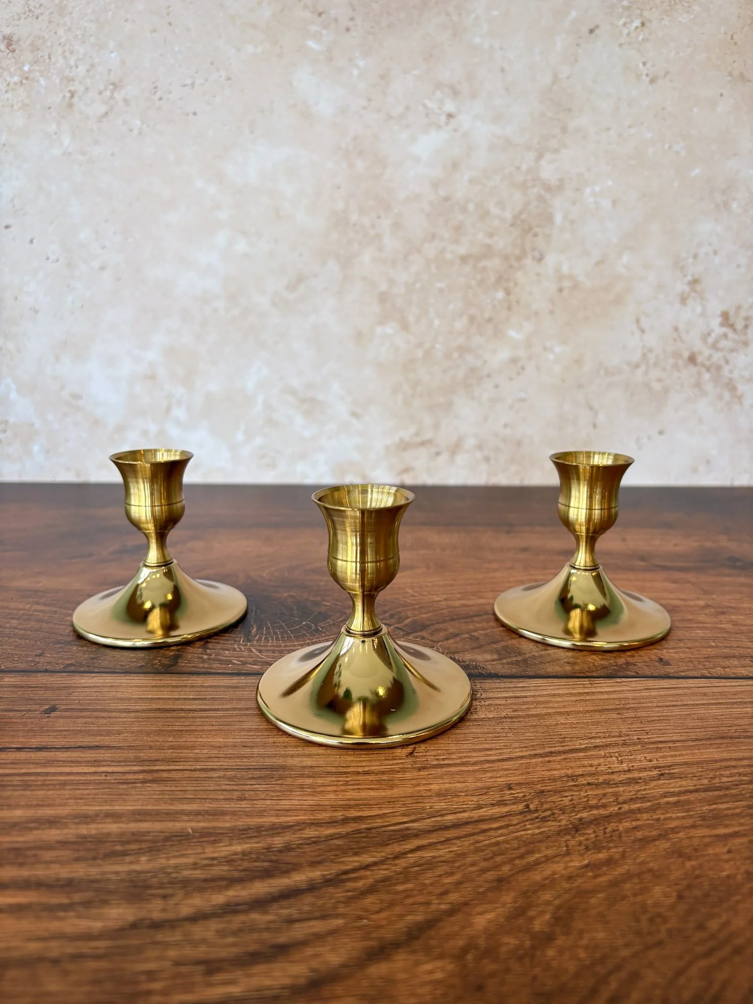 Set of Three Low Gold Candlestick Holders