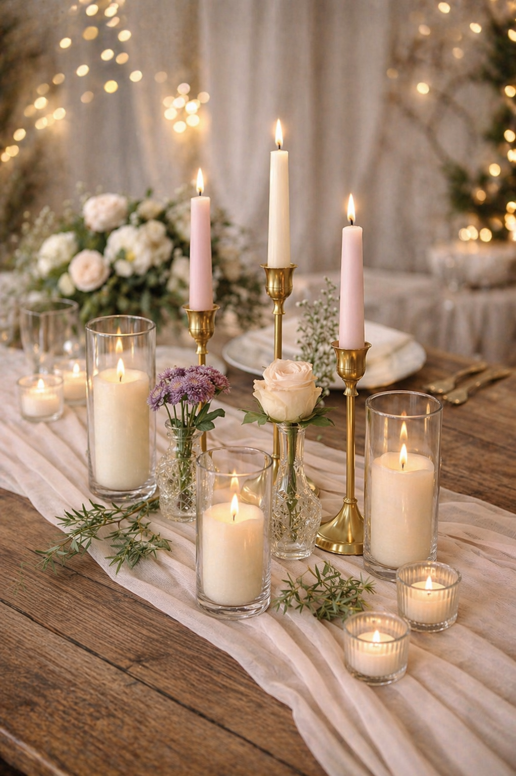 Elegant table centerpiece with lit candles, pink and white flowers, and greenery on a rustic wooden table, with blurred warm lighting in the background.