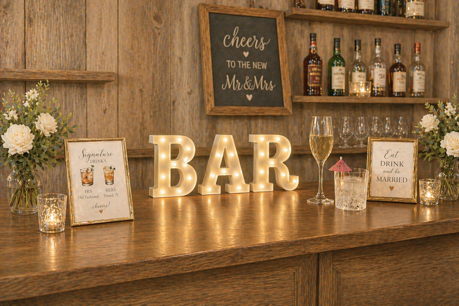 Rustic wooden bar adorned with illuminated marquee letters spelling 'BAR', surrounded by flower arrangements, framed signs about drinks, and glasses of champagne, with shelves of liquor bottles and a framed chalkboard sign in the background.