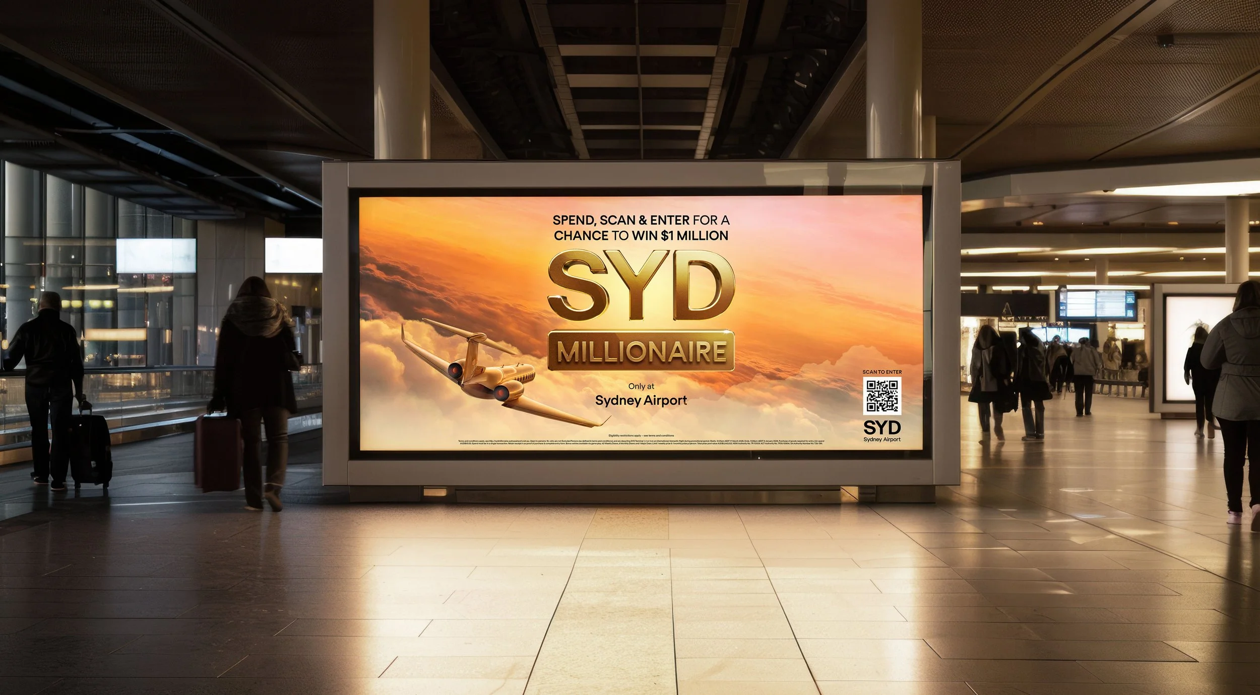 Billboard at Sydney Airport promoting a chance to win $1 million with SYD Millionaire campaign.