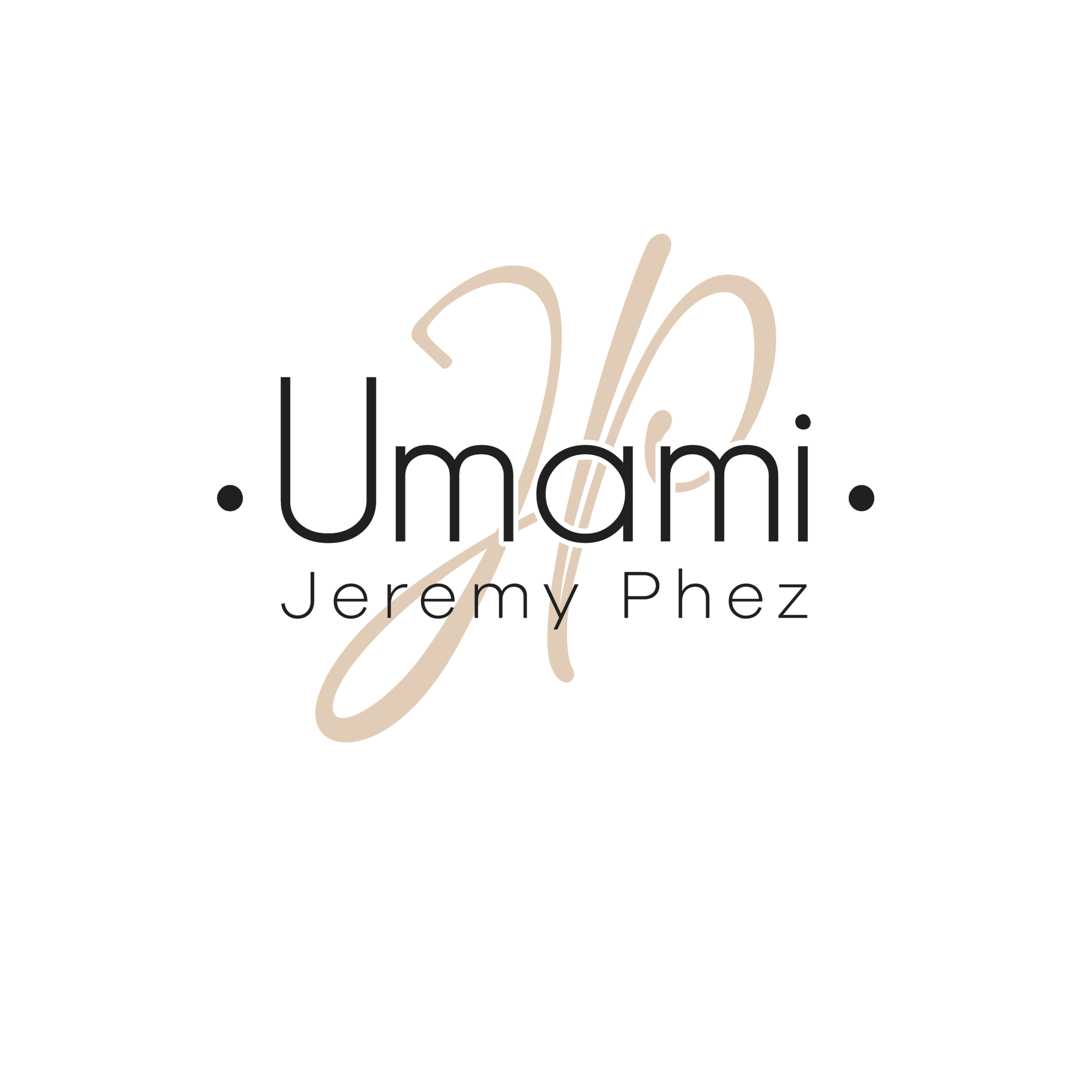 Logo avec le texte « Umani Jeremy Phez » en lettres noires, avec un fond blanc et un design élégant en beige en arrière-plan.